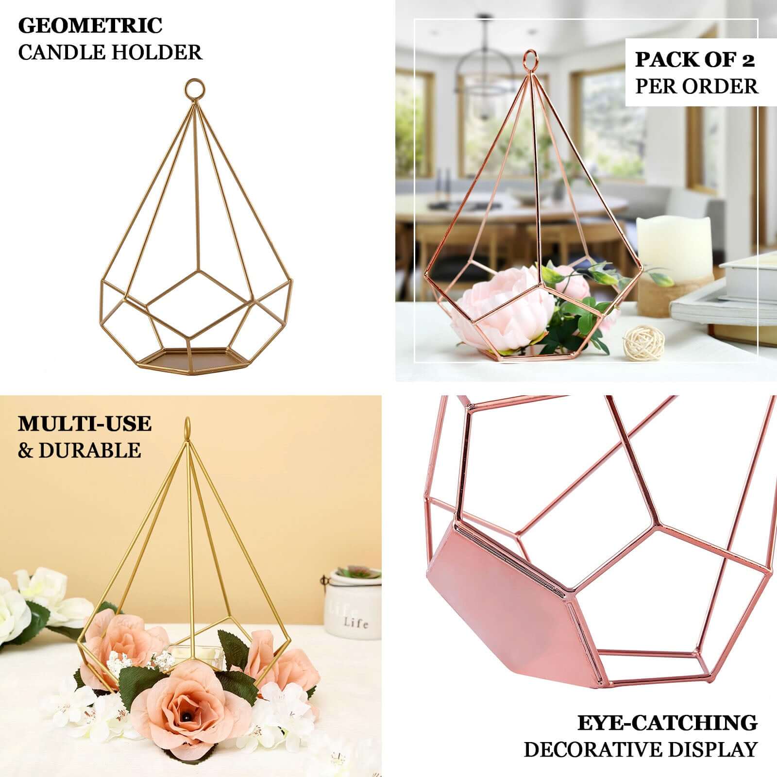 2-Pack Tealight Candle Holders Rose Gold Metal Pentagon Geometric Open Frame - Flower Stand 9"