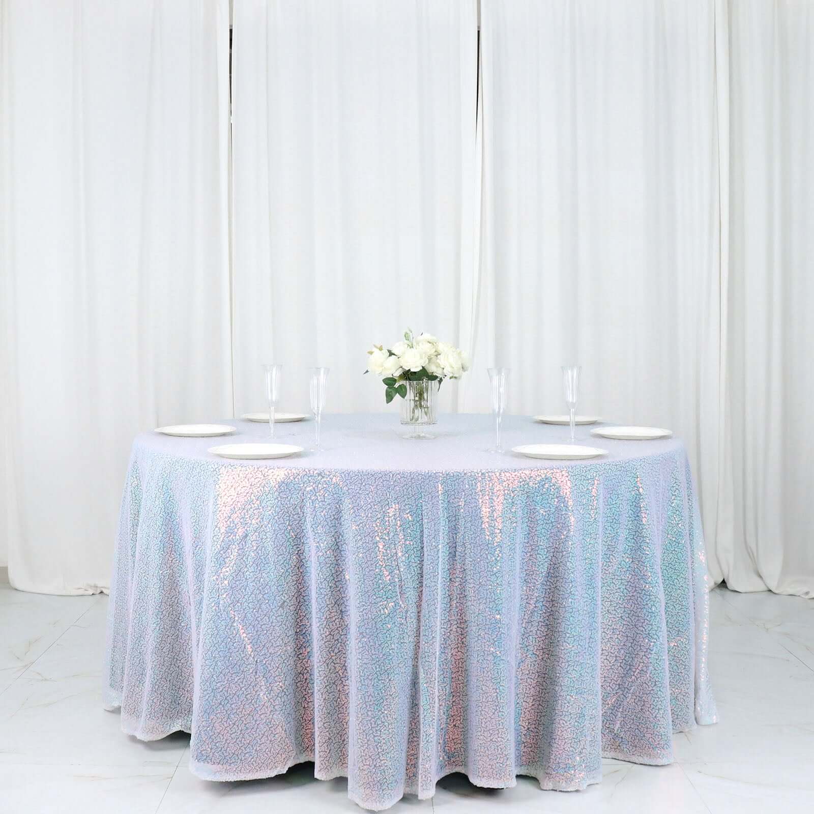 Sequin 132" Round Tablecloth Iridescent Blue - Seamless Dazzling Table Cover