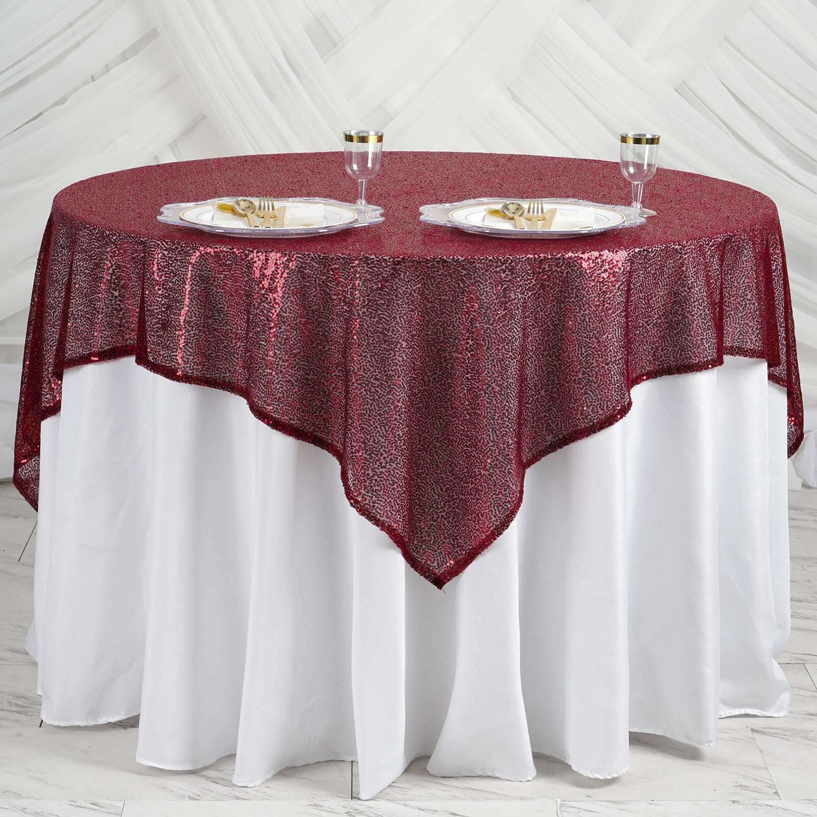 Sequin 60"x60" Table Overlay Square Tablecloth Burgundy - Luxe Wedding Table Topper