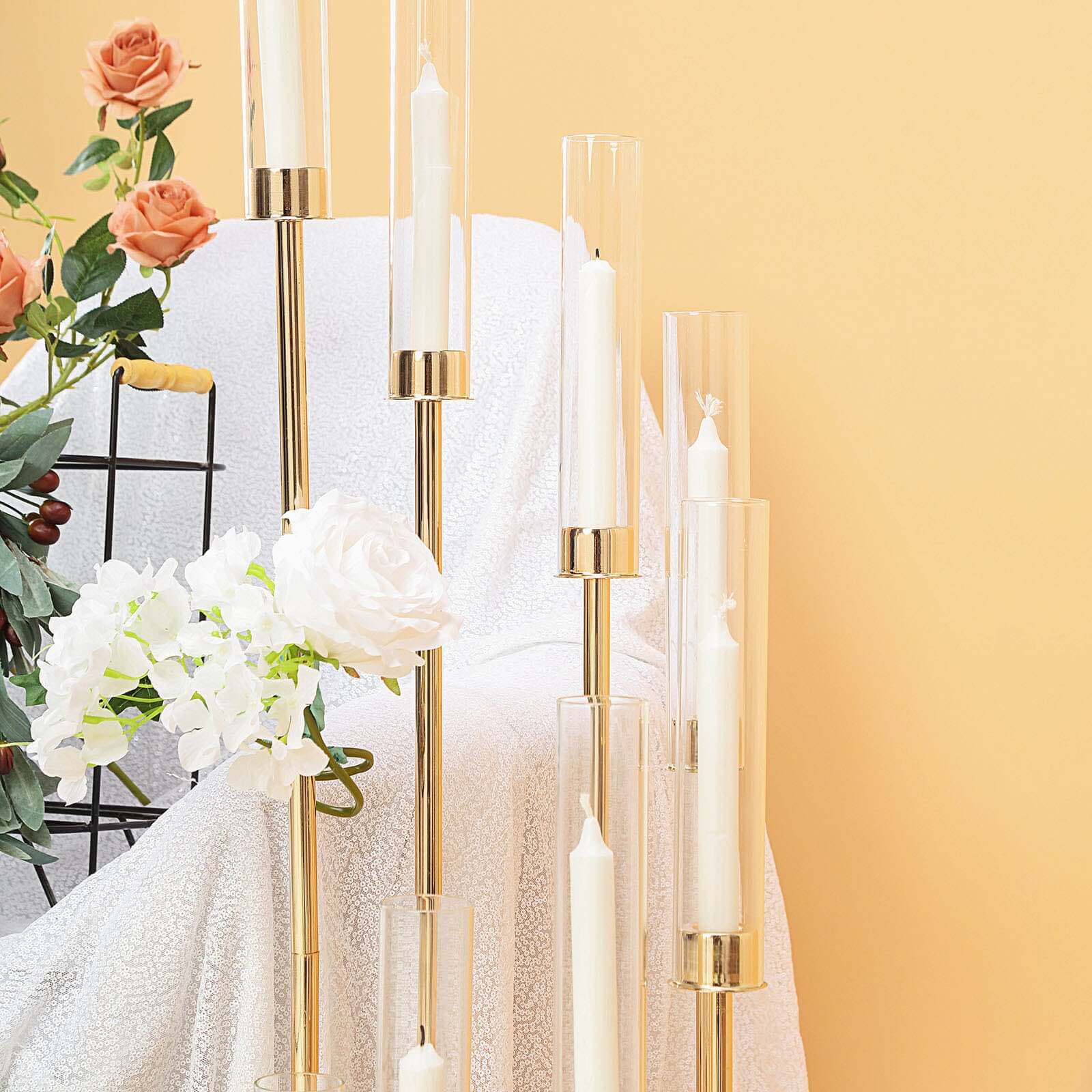 8 Arm Cluster Taper Candle Holder Gold - Stunning Large Candle Arragement With Clear Glass Shades for Grand Banquets & Celebrations 42"