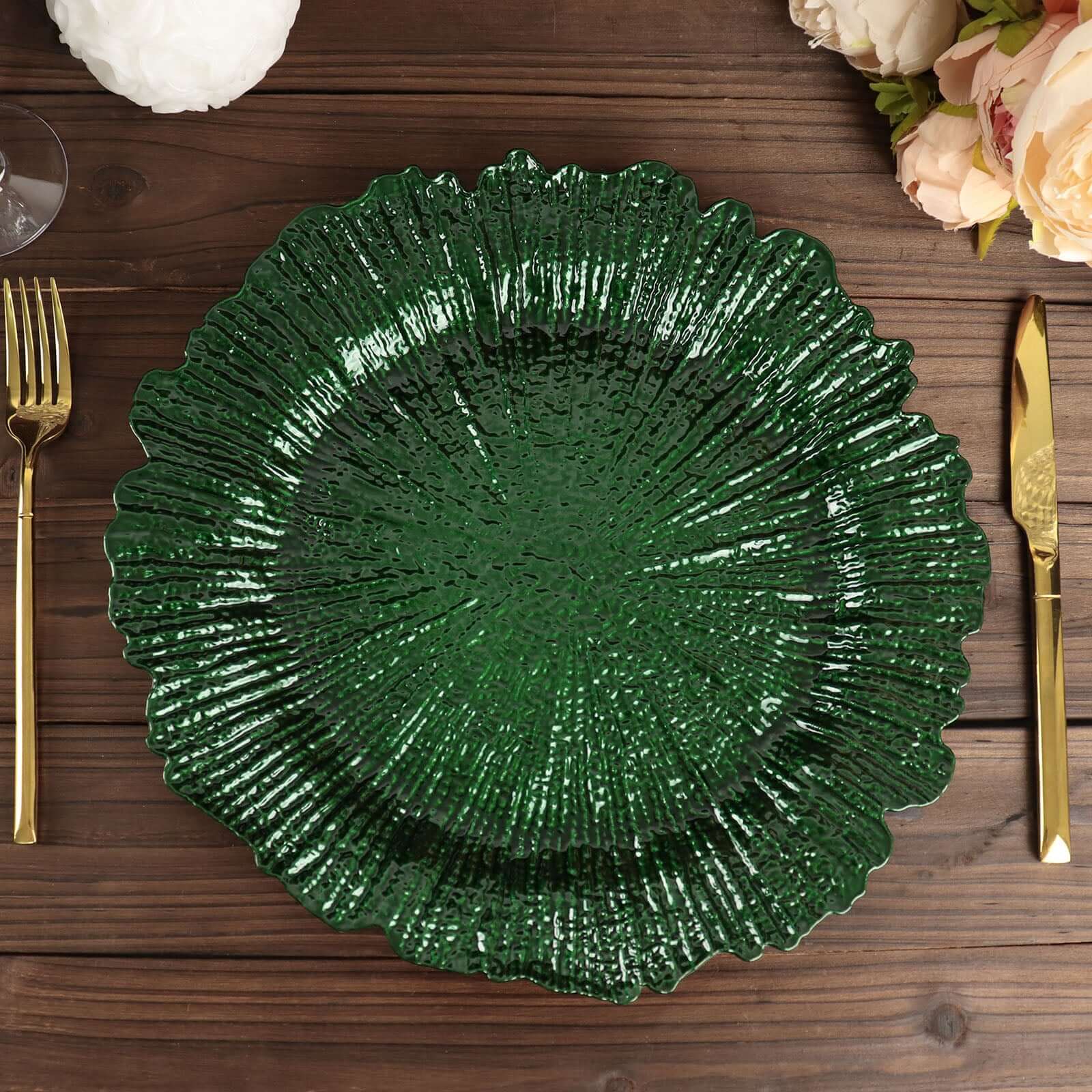 6-Pack Acrylic Plastic Round Charger Plates 13" in Hunter Emerald Green with Reef Design, Dinner Charger Tableware
