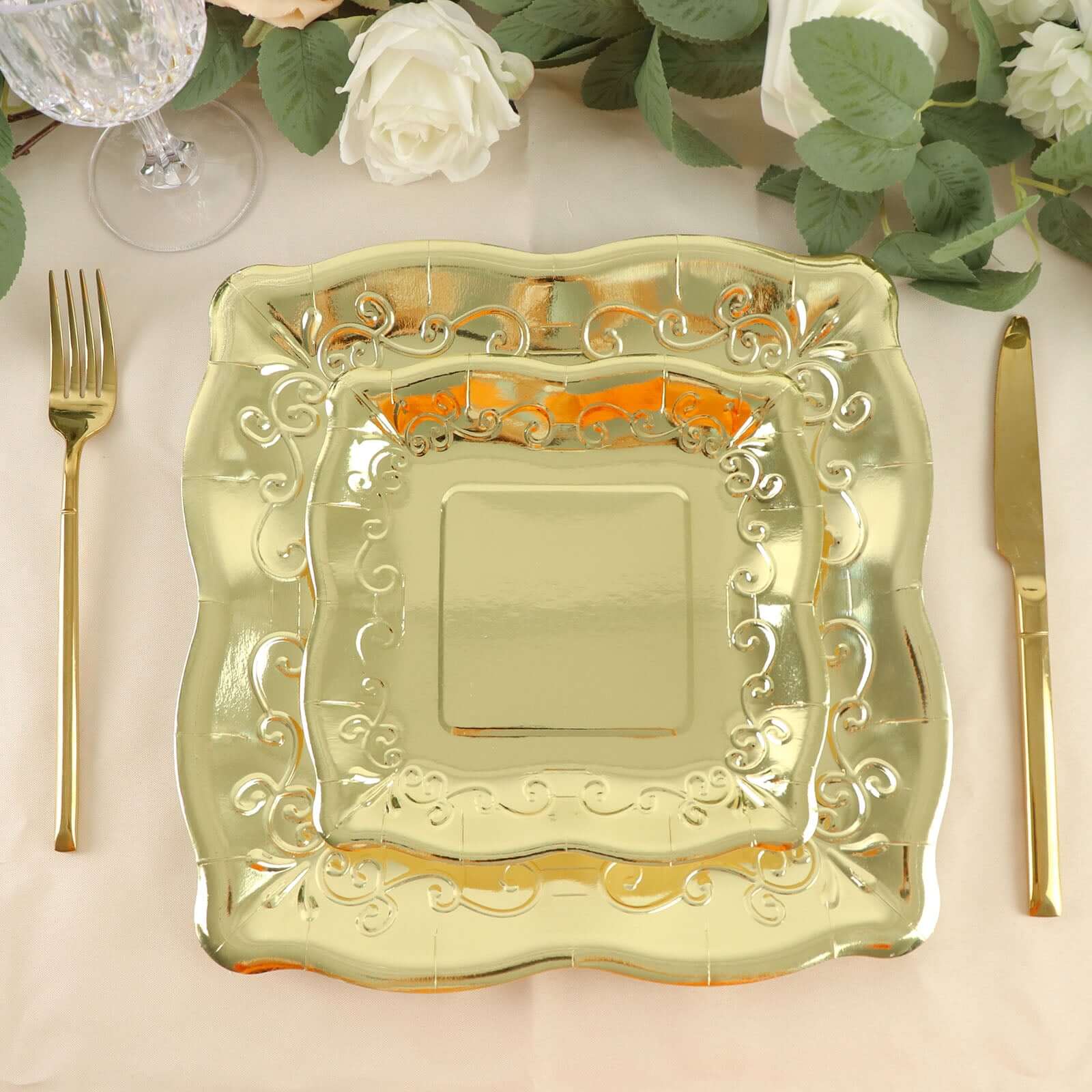 25-Pack Paper 7" Square Dessert Plates in Gold with Vintage Pottery Embossed Design - Shiny Metallic Disposable Appetizer Plates for Luxe Gatherings & Celebrations