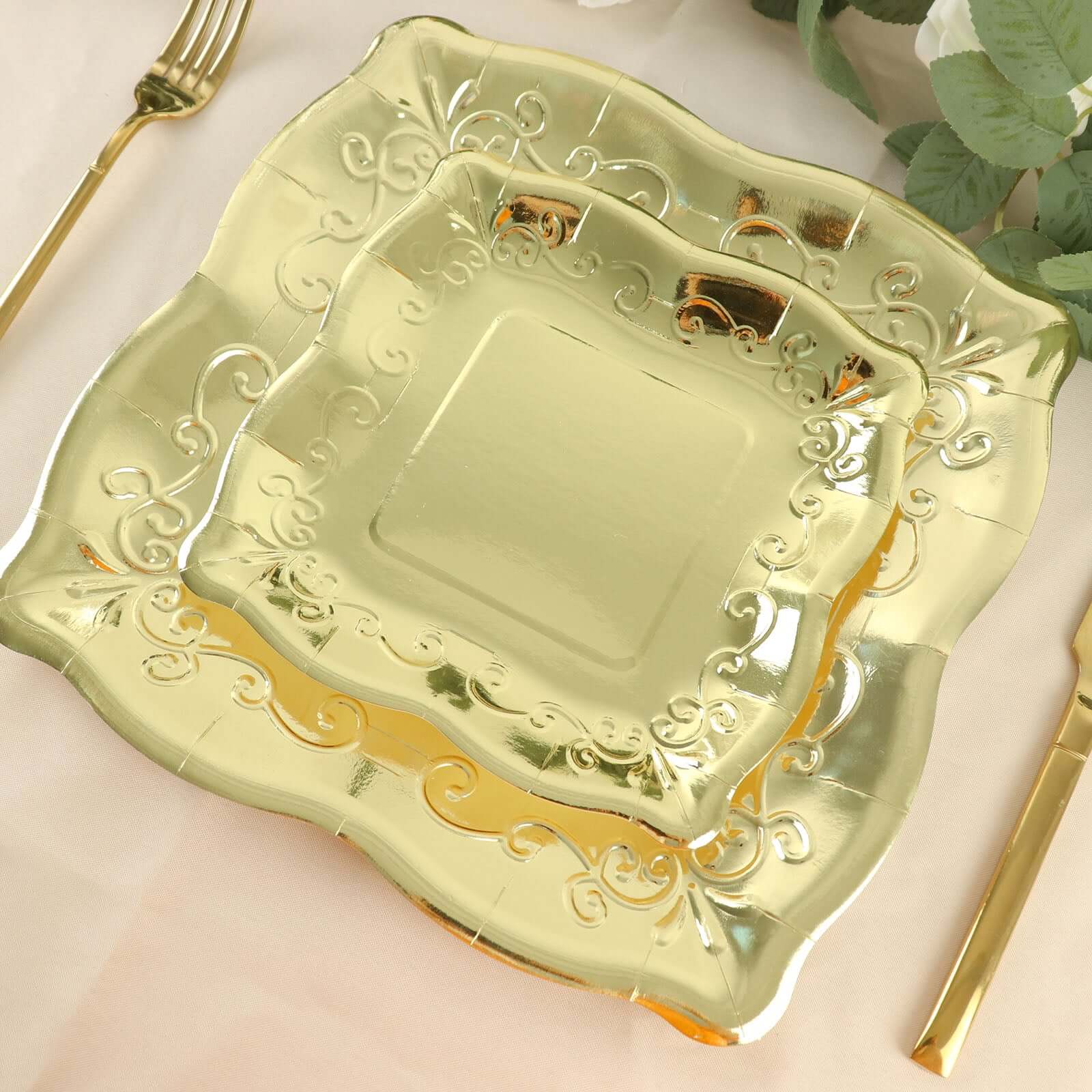 25-Pack Paper 11" Square Dinner Plates in Gold with Vintage Pottery Embossed Design - Shiny Metallic Disposable Serving Plates for Glamorous Dinners & Events