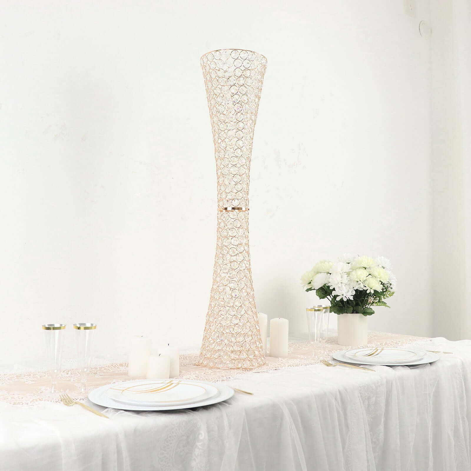 Metal Hurricane Floral Vase Centerpiece Metallic Gold with Crystal Beaded Design - Decorative Table Piece 36"