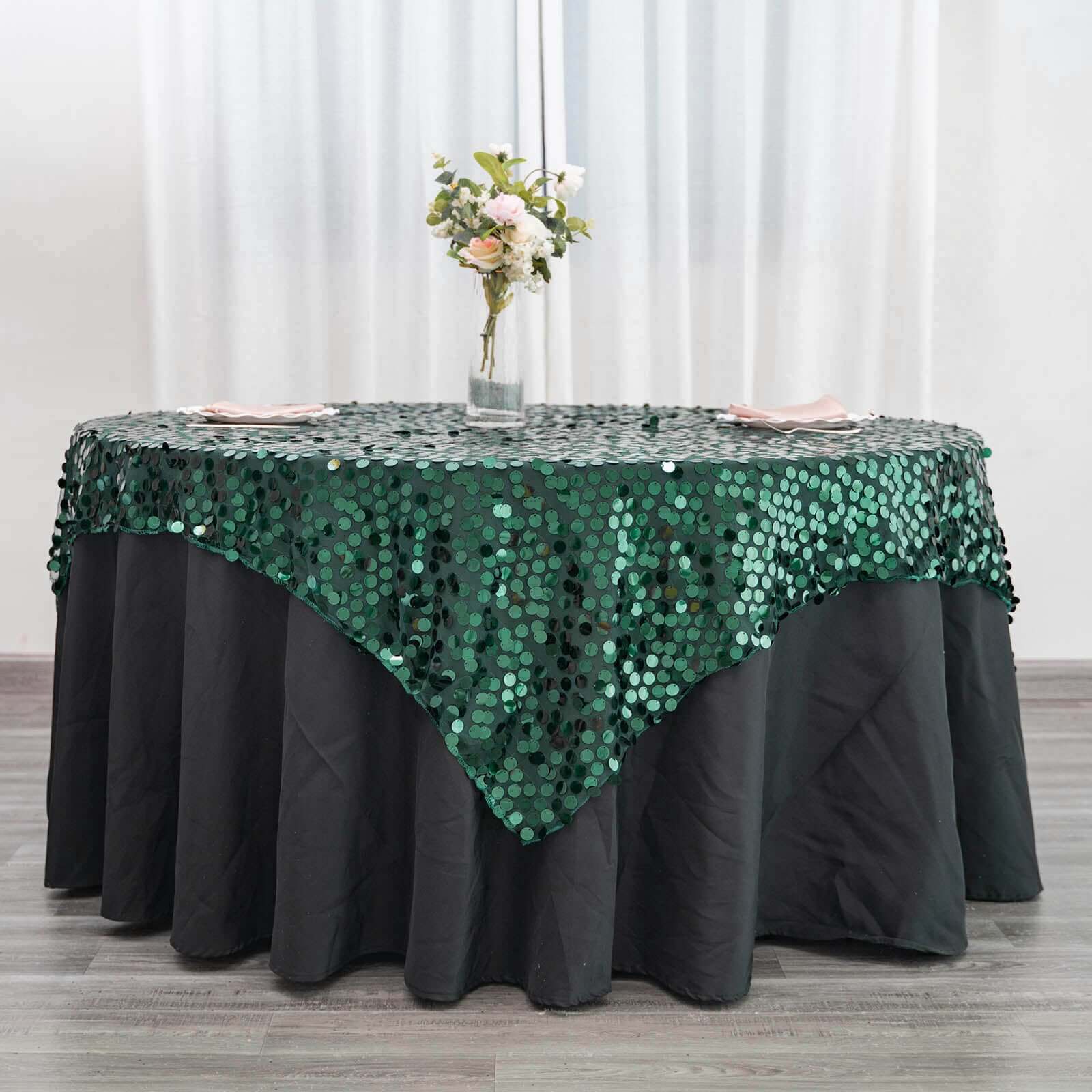 Sequin 72"x72" Table Overlay Square Tablecloth Hunter Emerald Green - Big Payette Table Cover