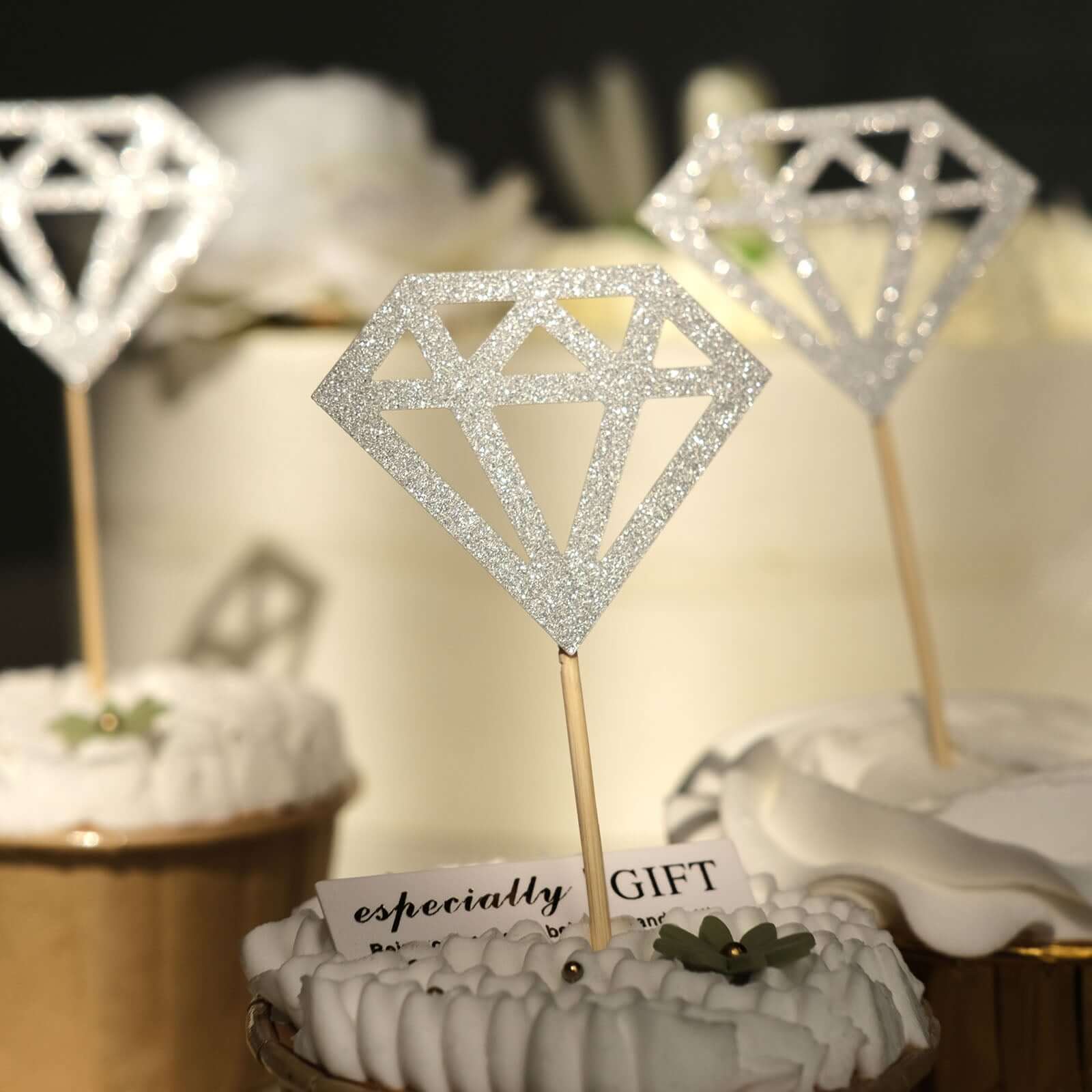 24-Pack Cupcake Toppers Diamond Ring Design Glitter Silver - Party Cake Picks Engagement Decoration Supplies