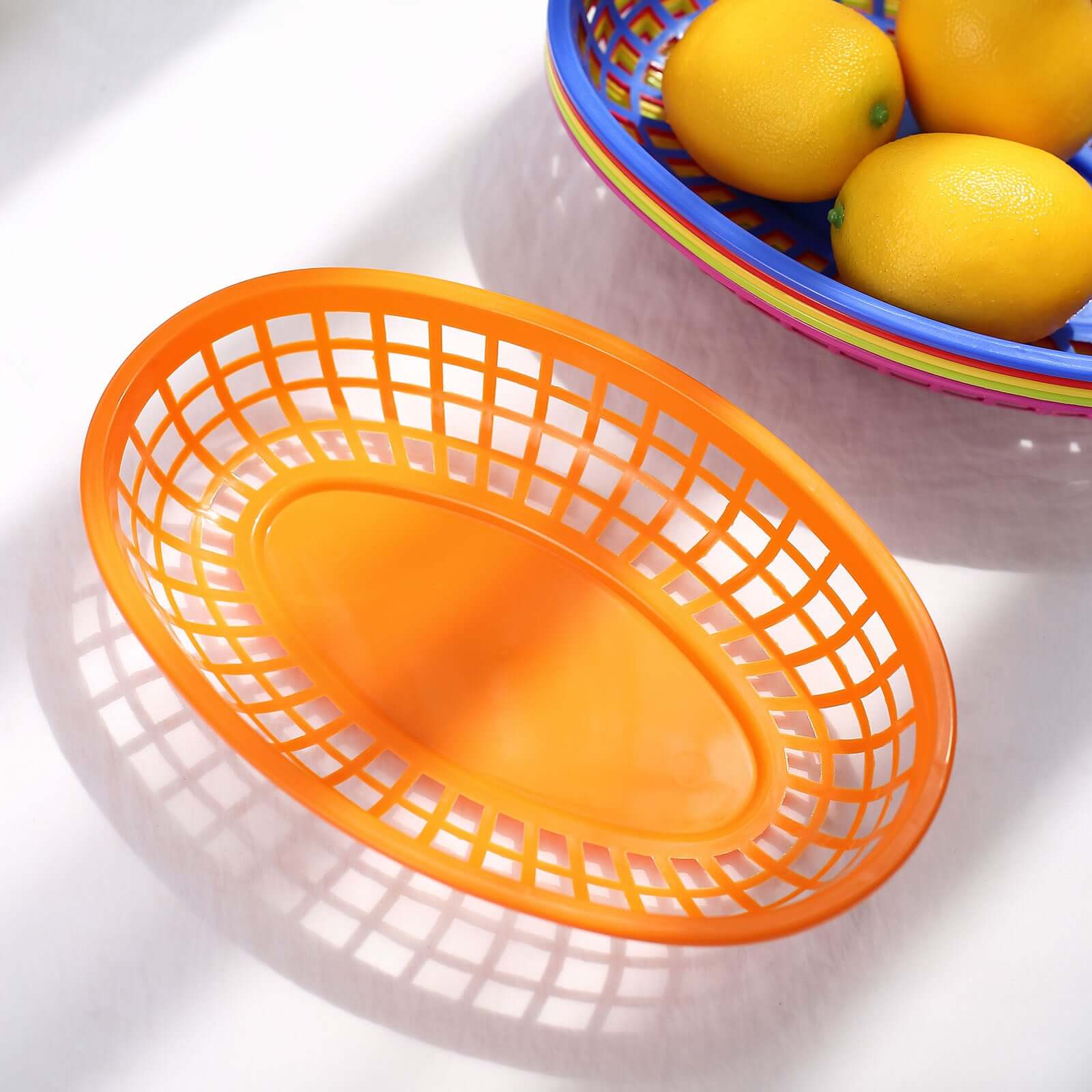 6-Pack Plastic Food Baskets with 50 Wax Paper Liners Assorted Colors - Durable Oval Deli Serving Trays