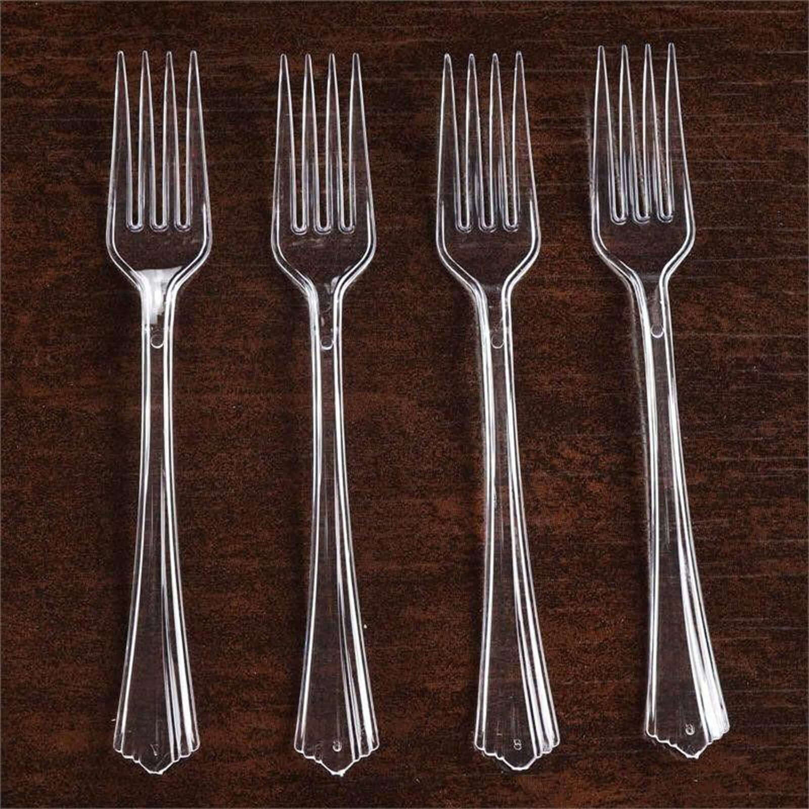 25 Pack 7" Clear Heavy Duty Disposable Forks with Fluted Handles, Plastic Silverware