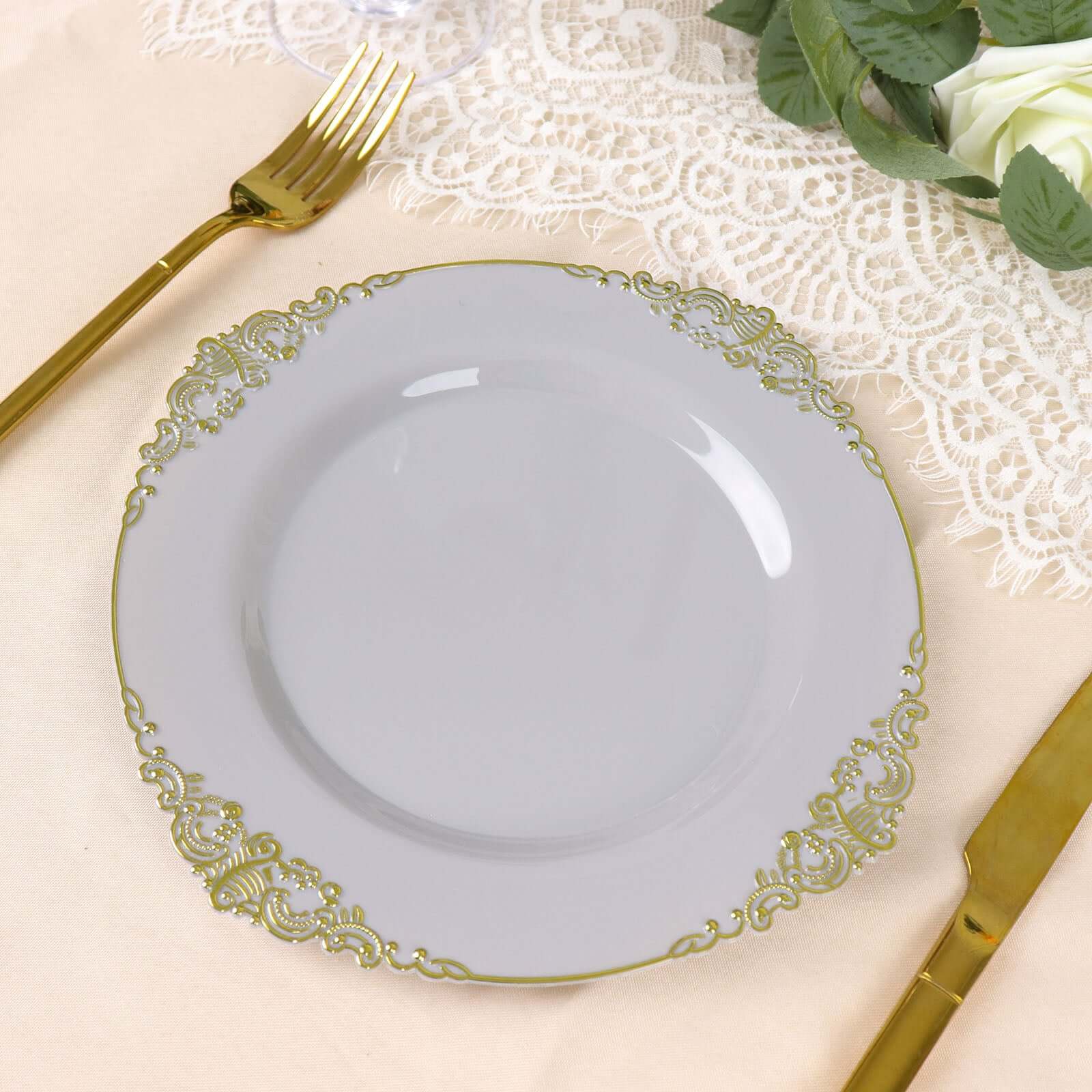 10-Pack Plastic 8" Round Dessert Plates in Gray with Gold Leaf Embossed Rim - Disposable Vintage Baroque Style Salad Plates