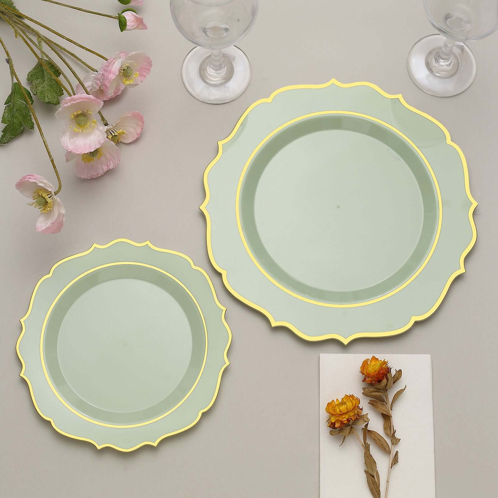 10-Pack Plastic 8" Round Desert Plates in Sage Green with Gold Scalloped Rim - Disposable Appetizer/Salad Plates