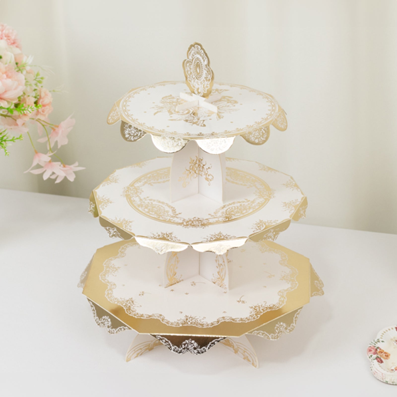 2-Pack 3-Tier Cupcake Display Stands with Vintage Floral Pattern, White Gold Round Cardboard Dessert Towers - 15"