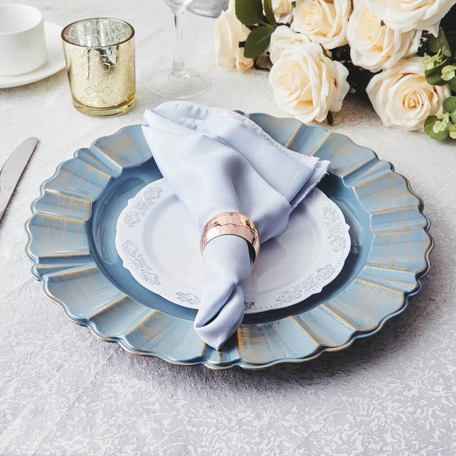 6-Pack Acrylic Plastic Round Charger Plates 13" in Dusty Blue with Gold Brushed Wavy Scalloped Rim, Decorative Dinner Party Charger Tableware