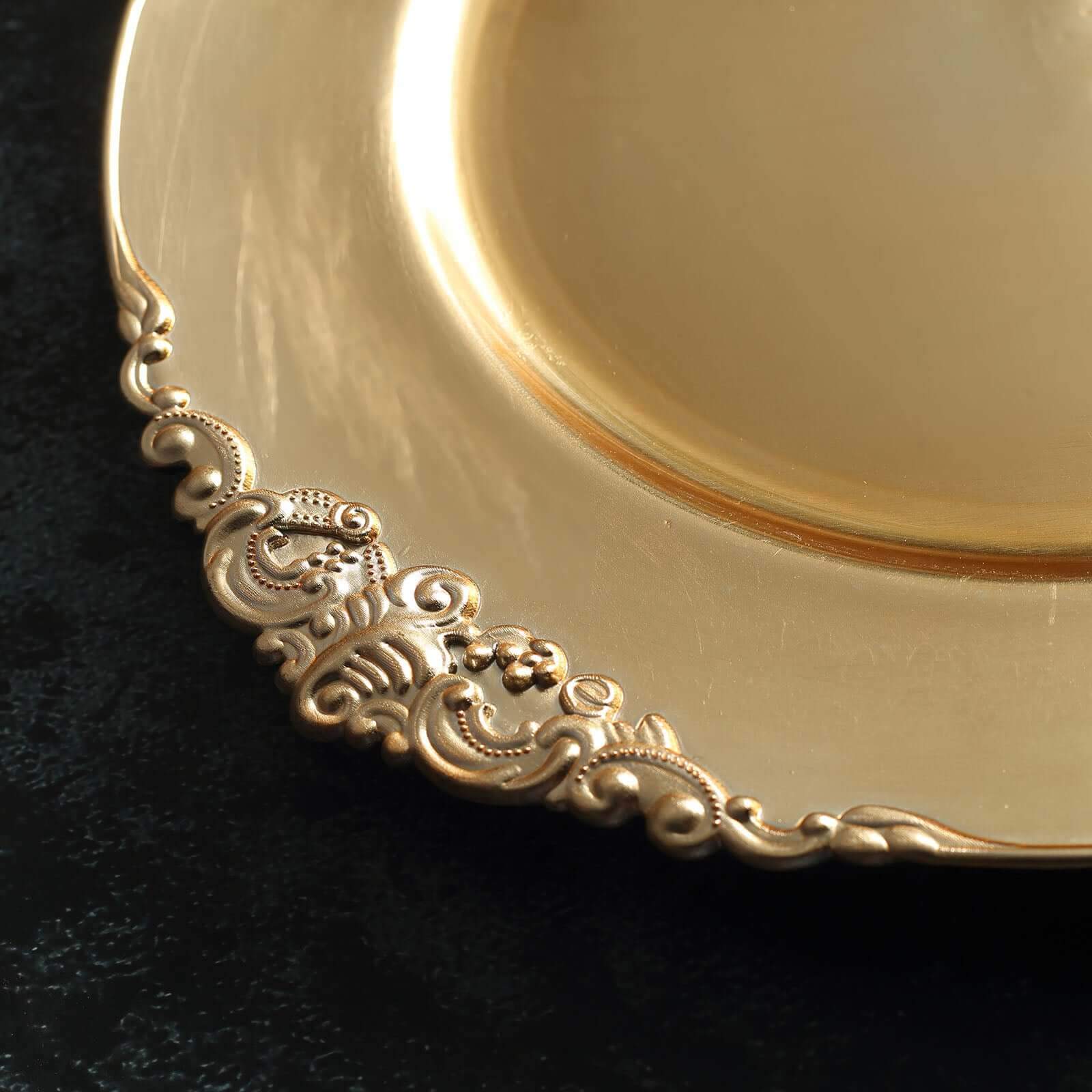 6-Pack Acrylic Round Charger Plates 13" in Gold with Embossed Baroque Rim, Antique Decorative Dinner Party Charger Tableware