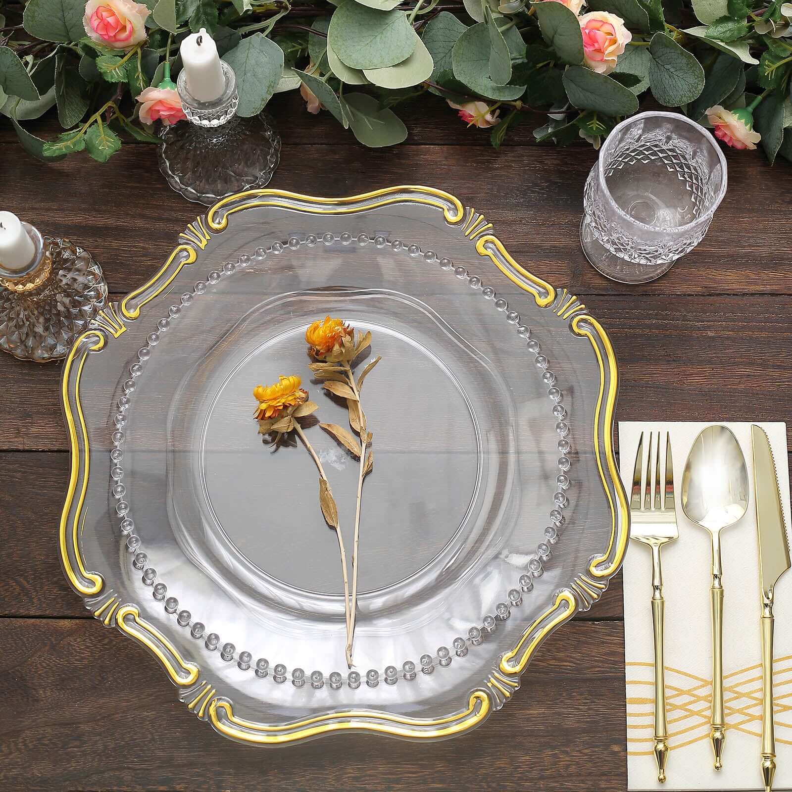 6-Pack Acrylic Plastic Hexagon Charger Plates 13" in Clear with Gold Baroque Scalloped Rim, Exquisite Dinner Serving Plates