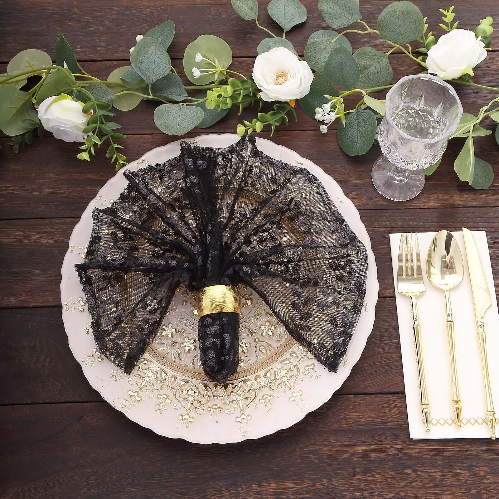 Sequin Tulle 20"x20" Napkin Black - Embroidered Leaf Vine Dinner Napkins