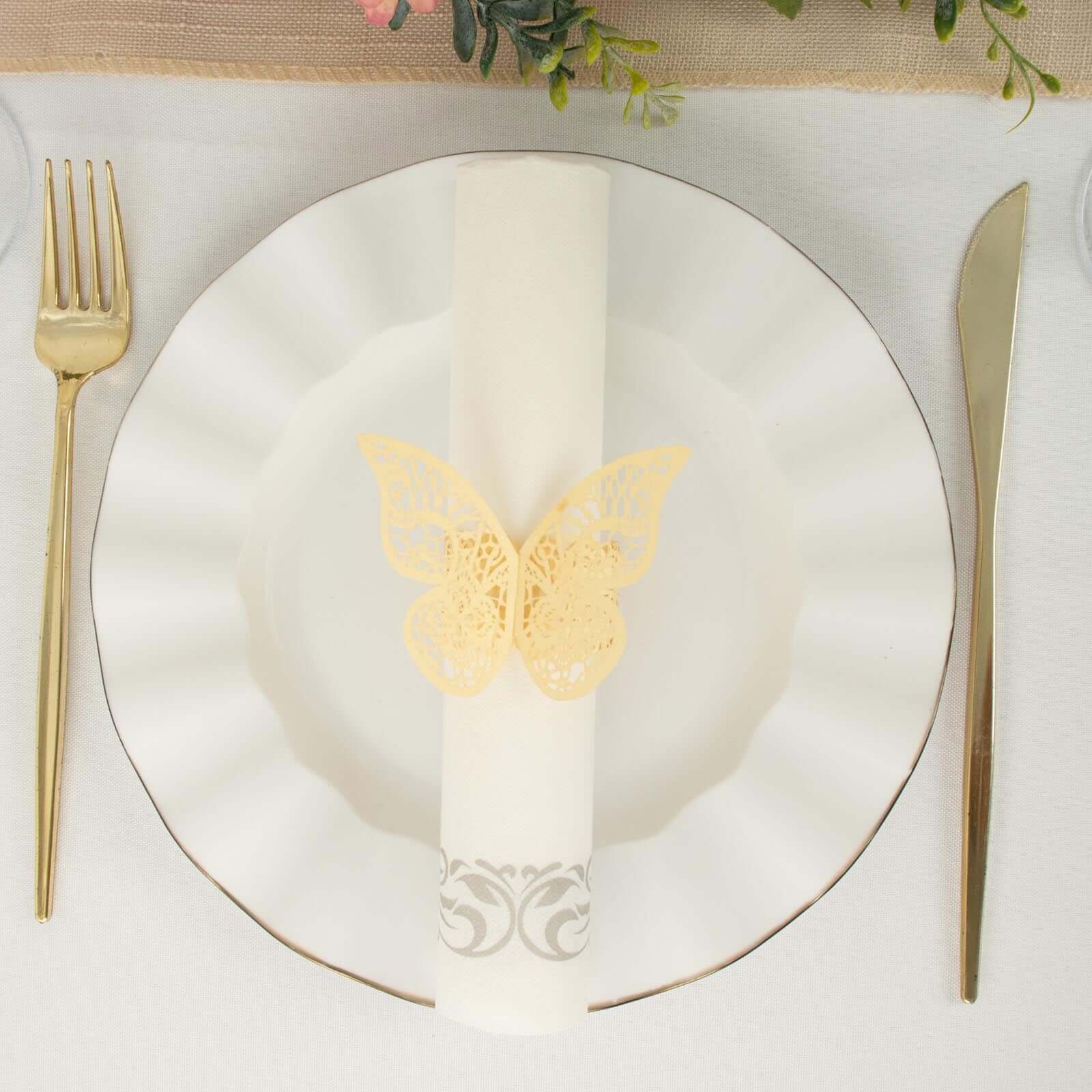 12-Pack Paper Napkin Rings Laser Cut Butterfly Champagne Shimmery - Decorative Serviette Holders