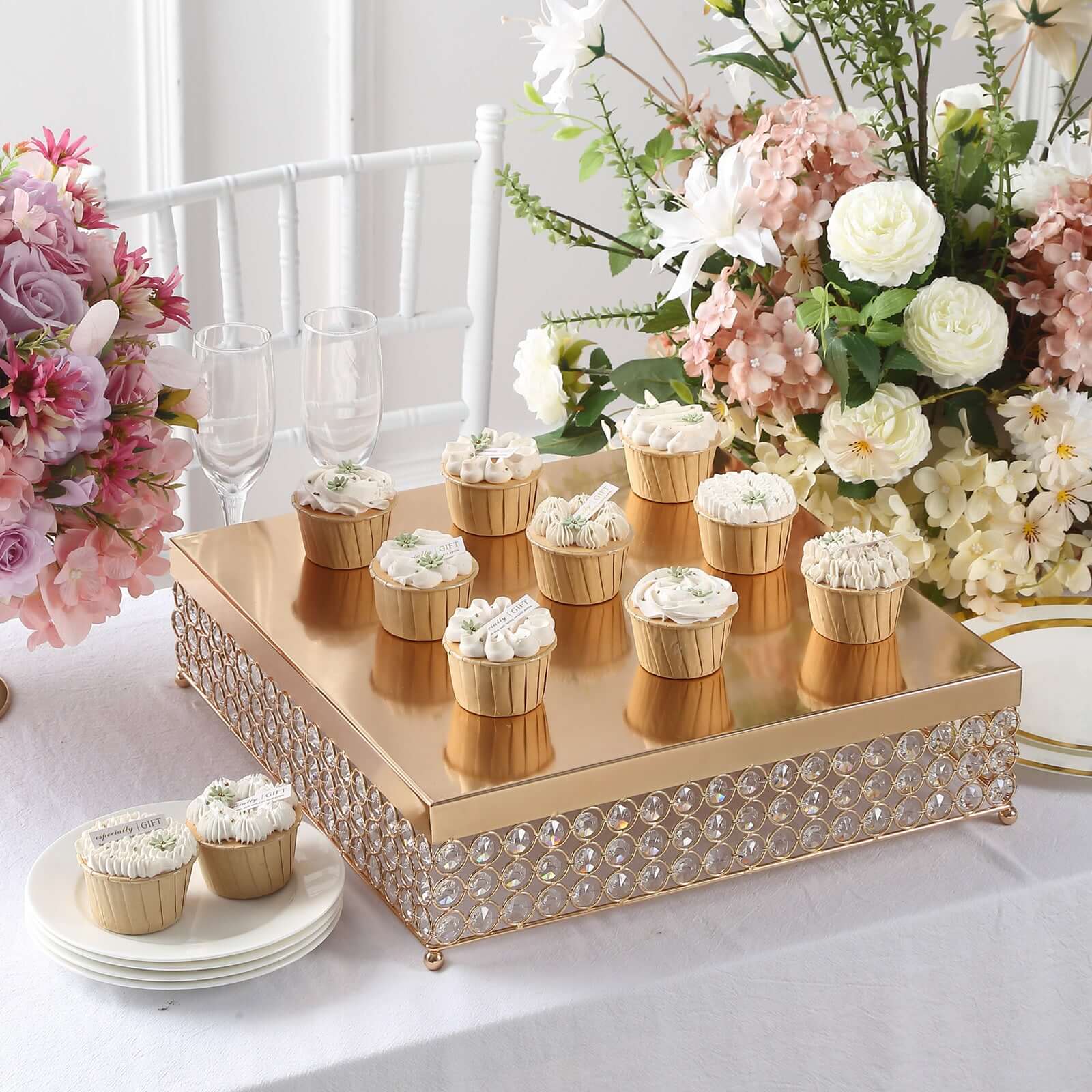 Metal Cake Stand Square Design with Crystal Beads Gold - Dessert Pedestal for Events 16"