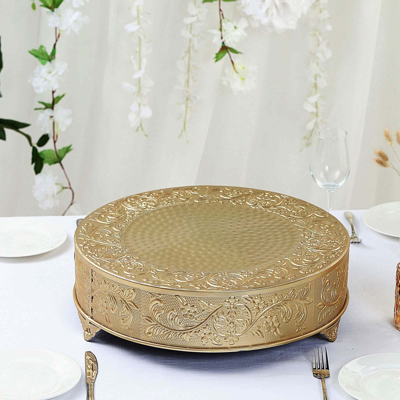 Metal 18" Round Cake Pedestal Stand Matte Gold - Cupcake Dessert Display Riser with Intricate Embossed Design for Upscale Events & Gatherings