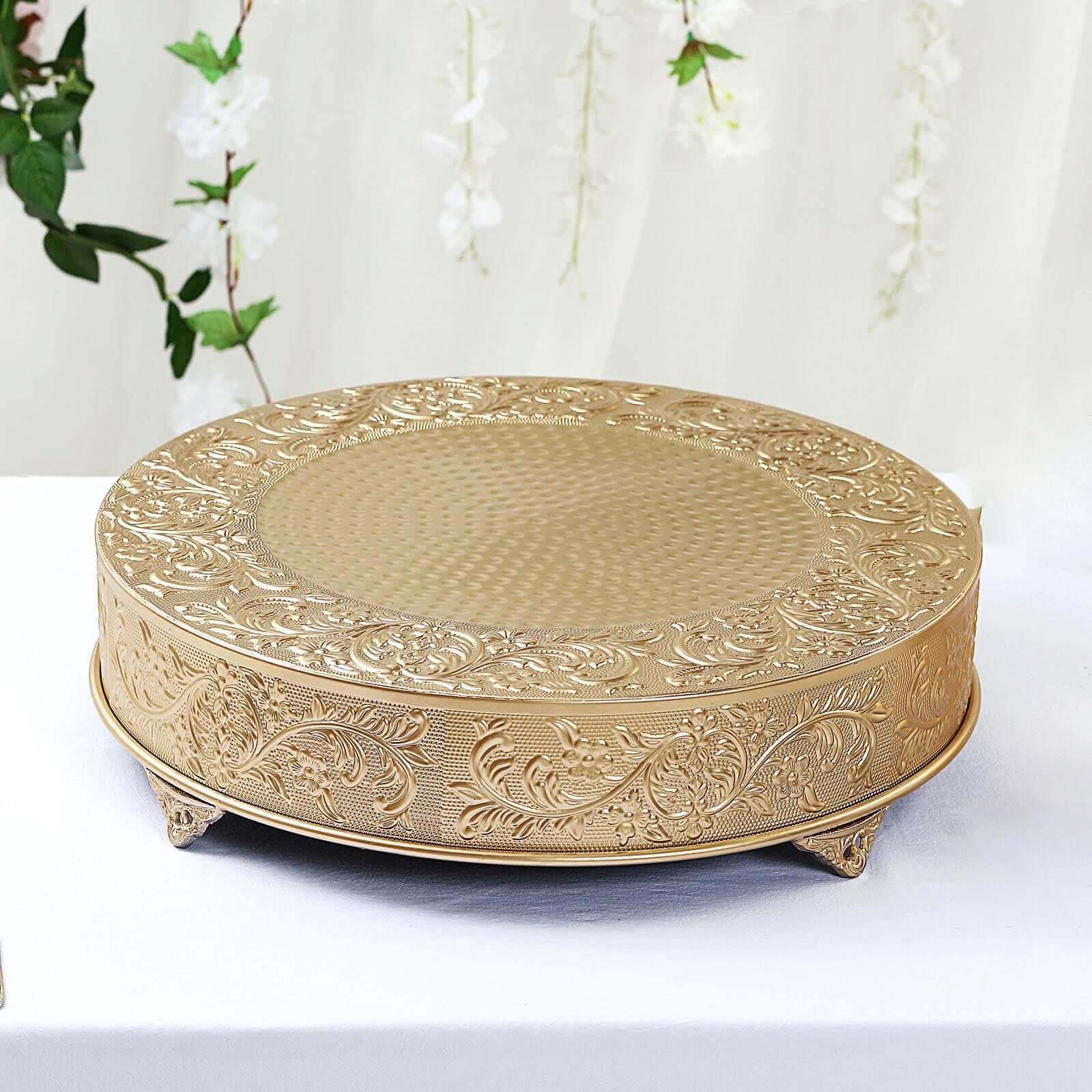 Metal 22" Round Cake Pedestal Stand Matte Gold - Cupcake Dessert Display Riser with Intricate Embossed Design for Upscale Events & Gatherings