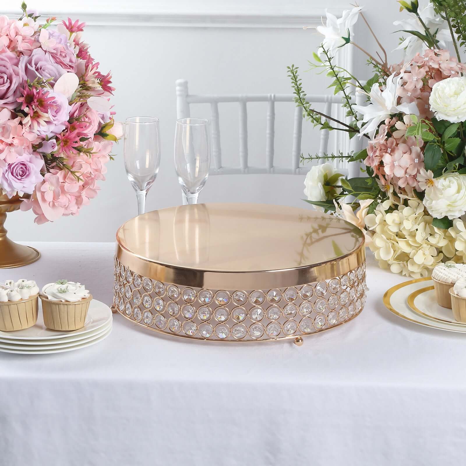 Metal Cake Stand Pedestal Crystal Beaded Design Gold - Cupcake Display and Dessert Riser 13"