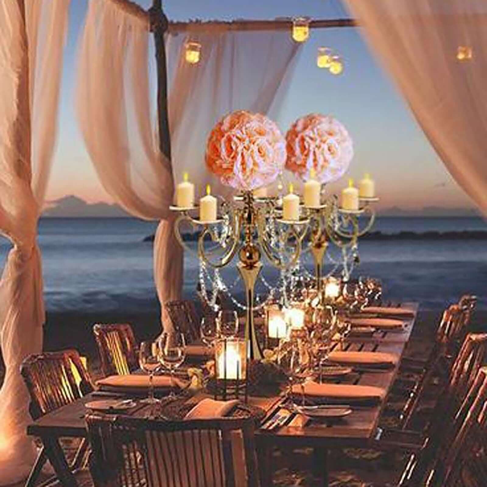 Metal Candelabra 5 Arm Design Gold with Hanging Crystal Drops - Table Centerpiece for Events 27"