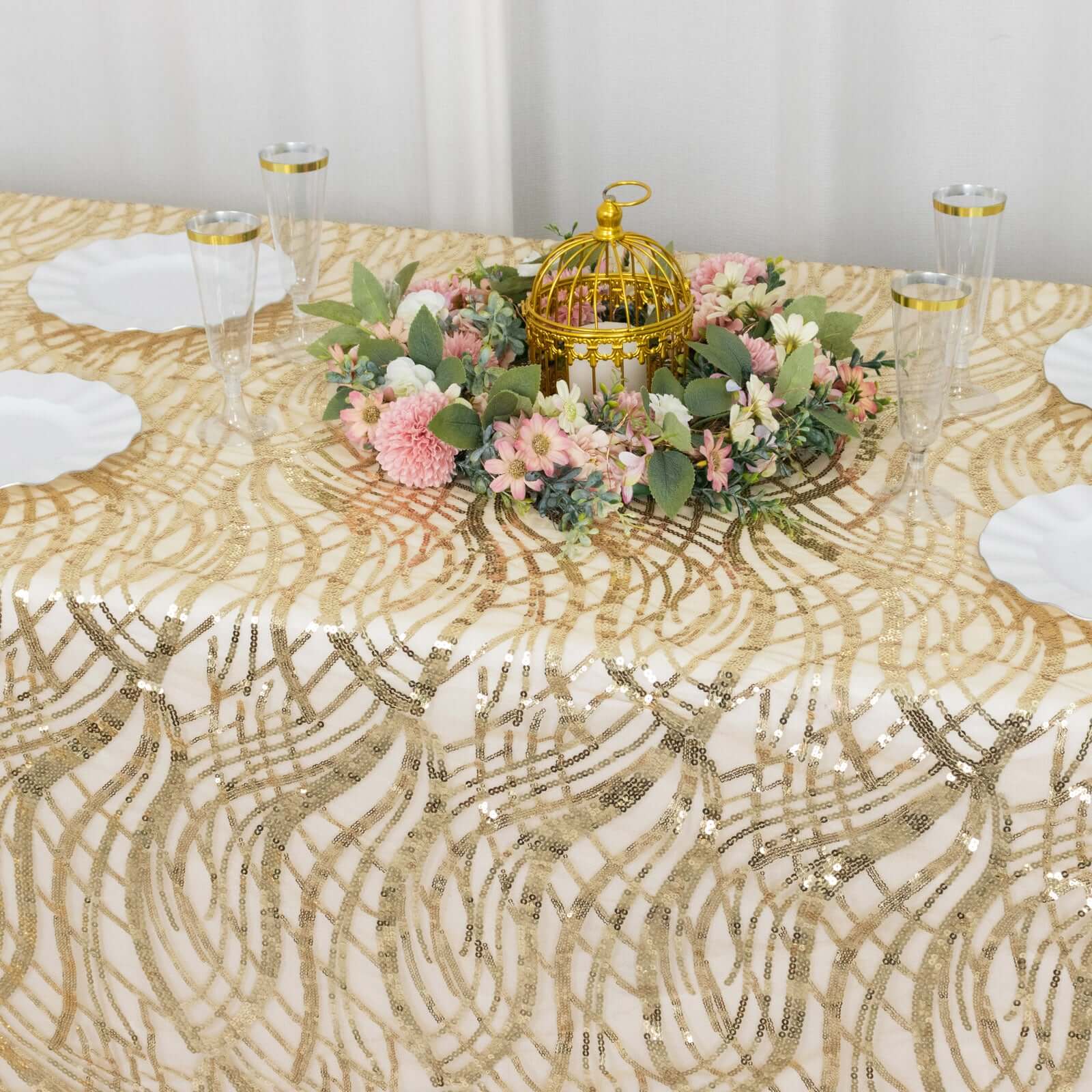 Mesh 90"x156" Rectangle Tablecloth Champagne - Wave Sequin Embroidered Table Cover