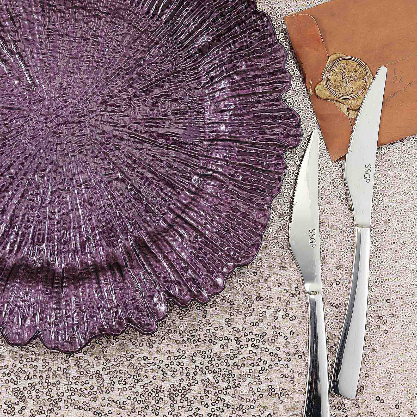 6-Pack Acrylic Plastic Round Charger Plates 13" in Purple with Reef Design, Dinner Charger Tableware