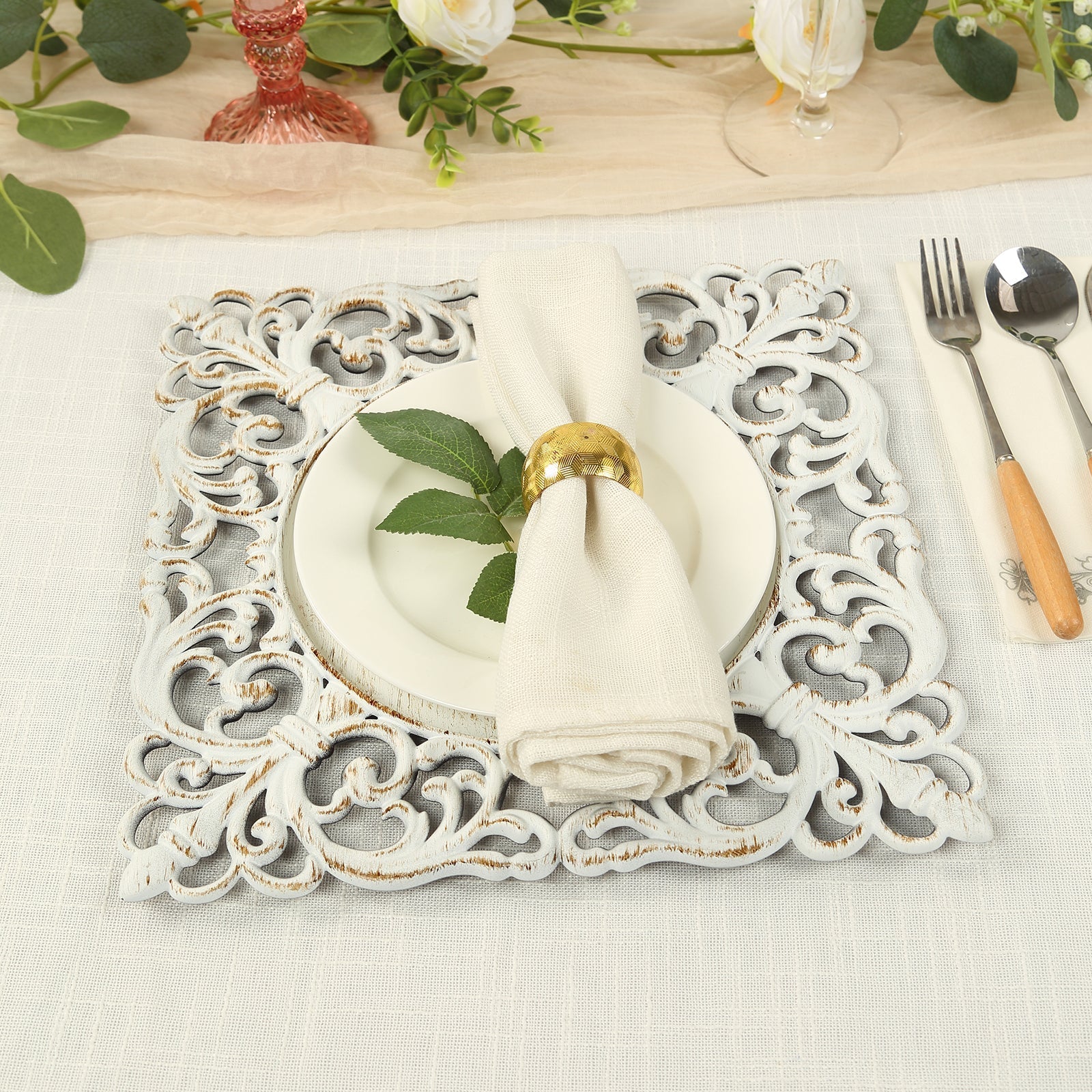 6-Pack Acrylic Square Charger Plates 12" Whitewashed with Hollow Lace Border, Event Tabletop Decorative Charger Tableware