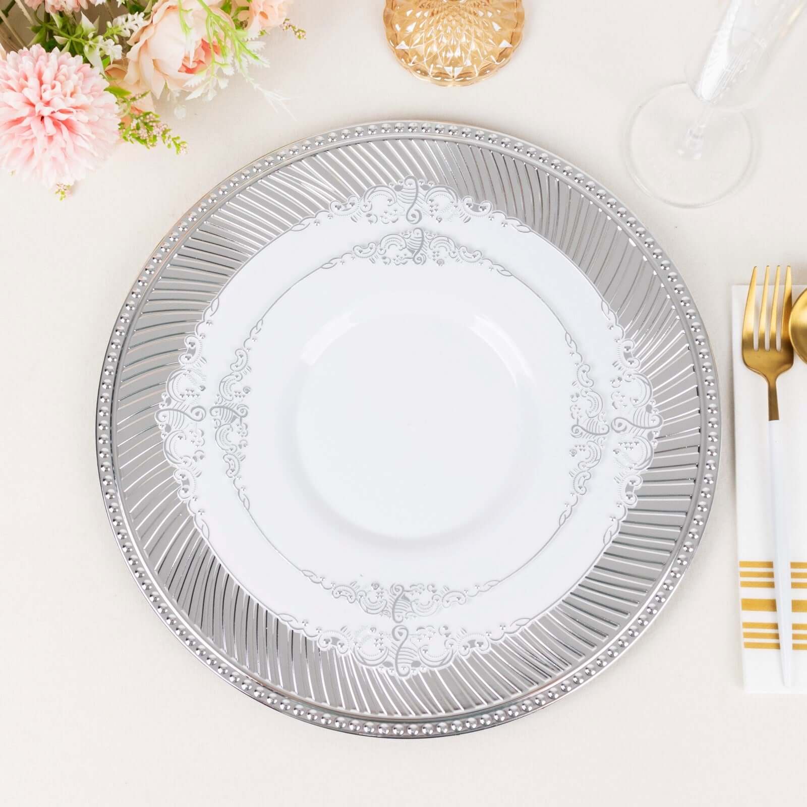 6-Pack Acrylic Round Charger Plates 13" in Metallic Silver Swirl Pattern with Beaded Rim, Plastic Decorative Dinner Party Charger Tableware