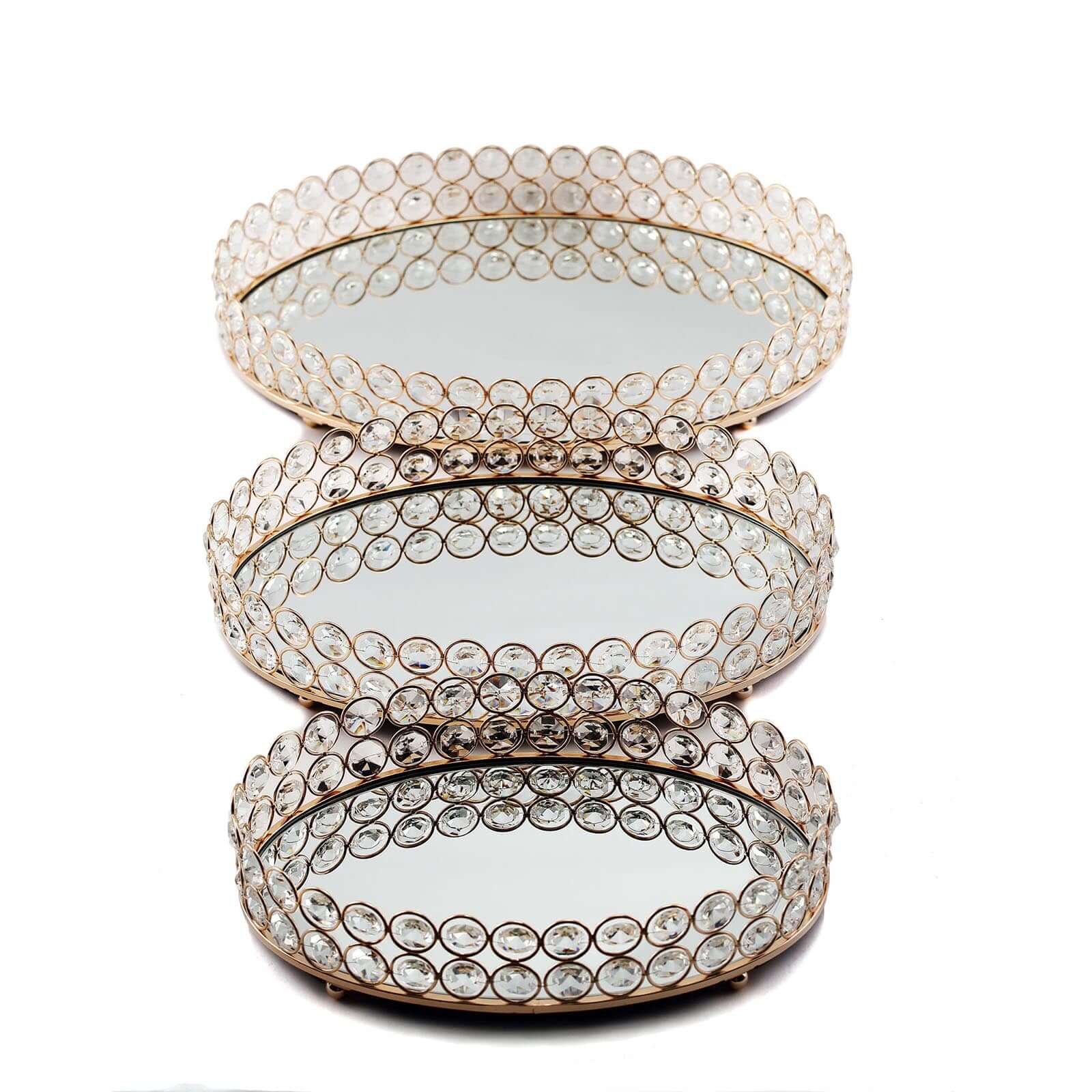 Gold Metal Crystal Beaded Mirror Oval Vanity Serving Tray, Decorative Tray - Medium 14"x10"