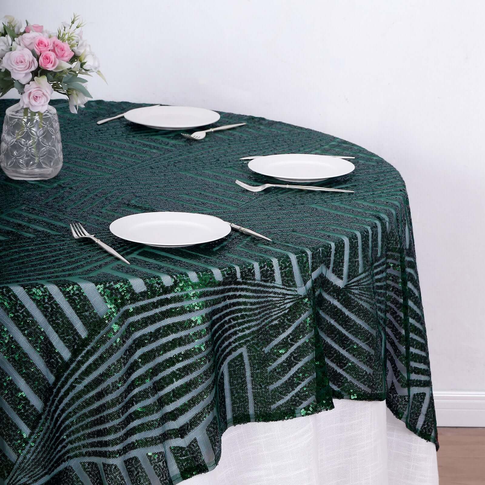 72" Square Hunter Emerald Green Diamond Glitz Sequin Table Overlay Topper