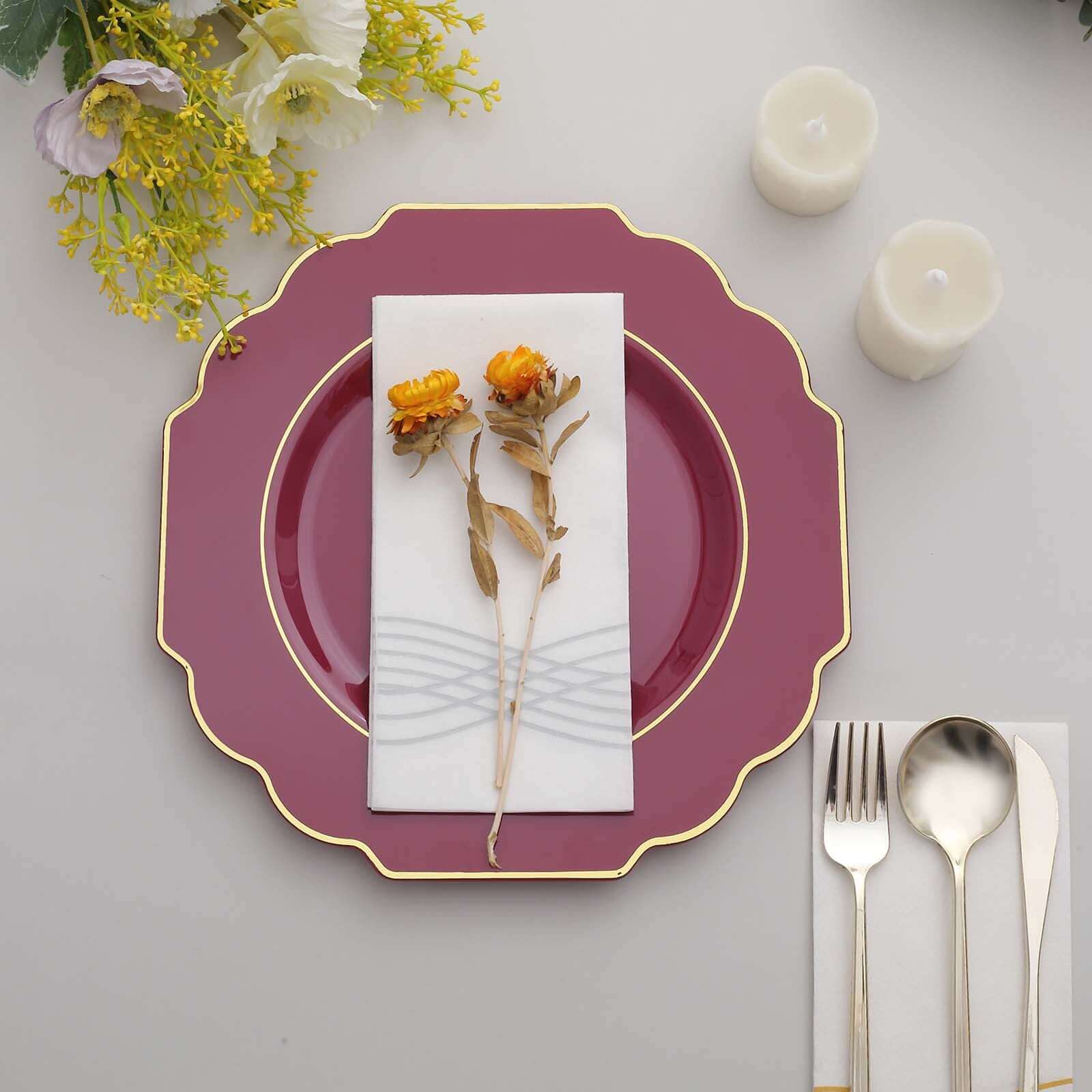 10-Pack Plastic Dinner Plates in Burgundy Baroque Design with Scalloped Gold Rim - Heavy Duty Disposable Party Plates 11"