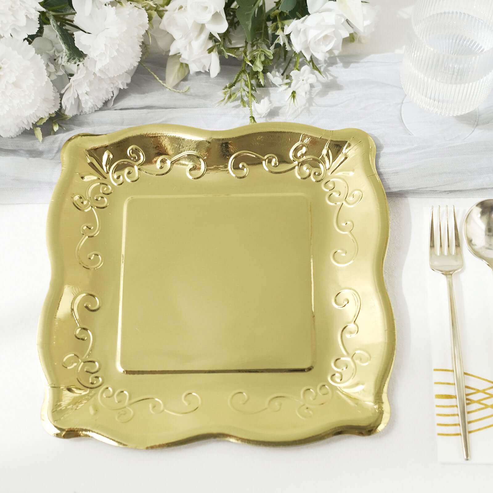 25-Pack Paper 11" Square Dinner Plates in Gold with Vintage Pottery Embossed Design - Shiny Metallic Disposable Serving Plates for Glamorous Dinners & Events