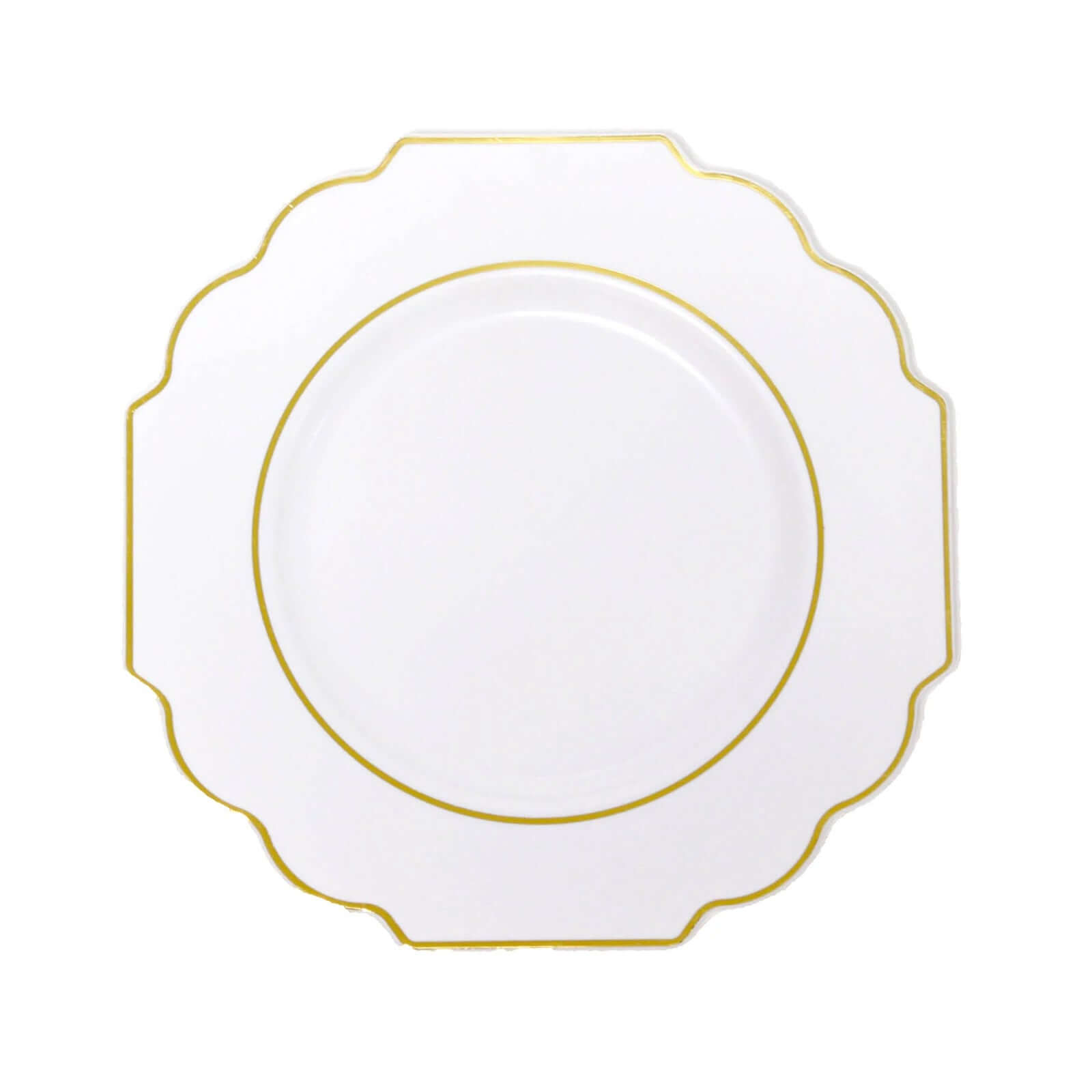 10-Pack Plastic Dessert Appetizer Plates in White Baroque Design with Scalloped Gold Rim - Heavy Duty Disposable Salad Plates for Formal Events & Banquets 8"