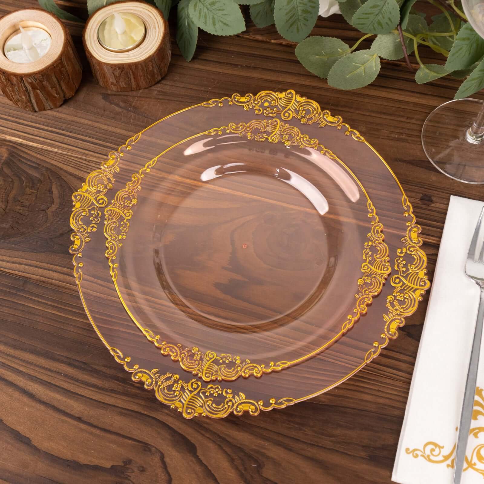 10-Pack Plastic 8" Round Dessert Plates in Transparent Blush with Gold Leaf Embossed Rim - Disposable Vintage Baroque Style Salad Plates
