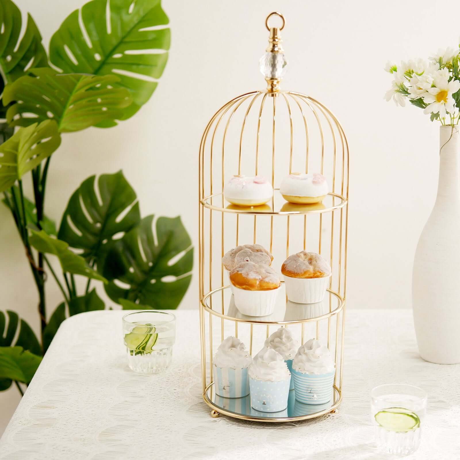 3-Tier Cupcake Cake Stand Bird Cage Design with Crystal Top Mirror Base - Serving Tray with Hanging Option 22"