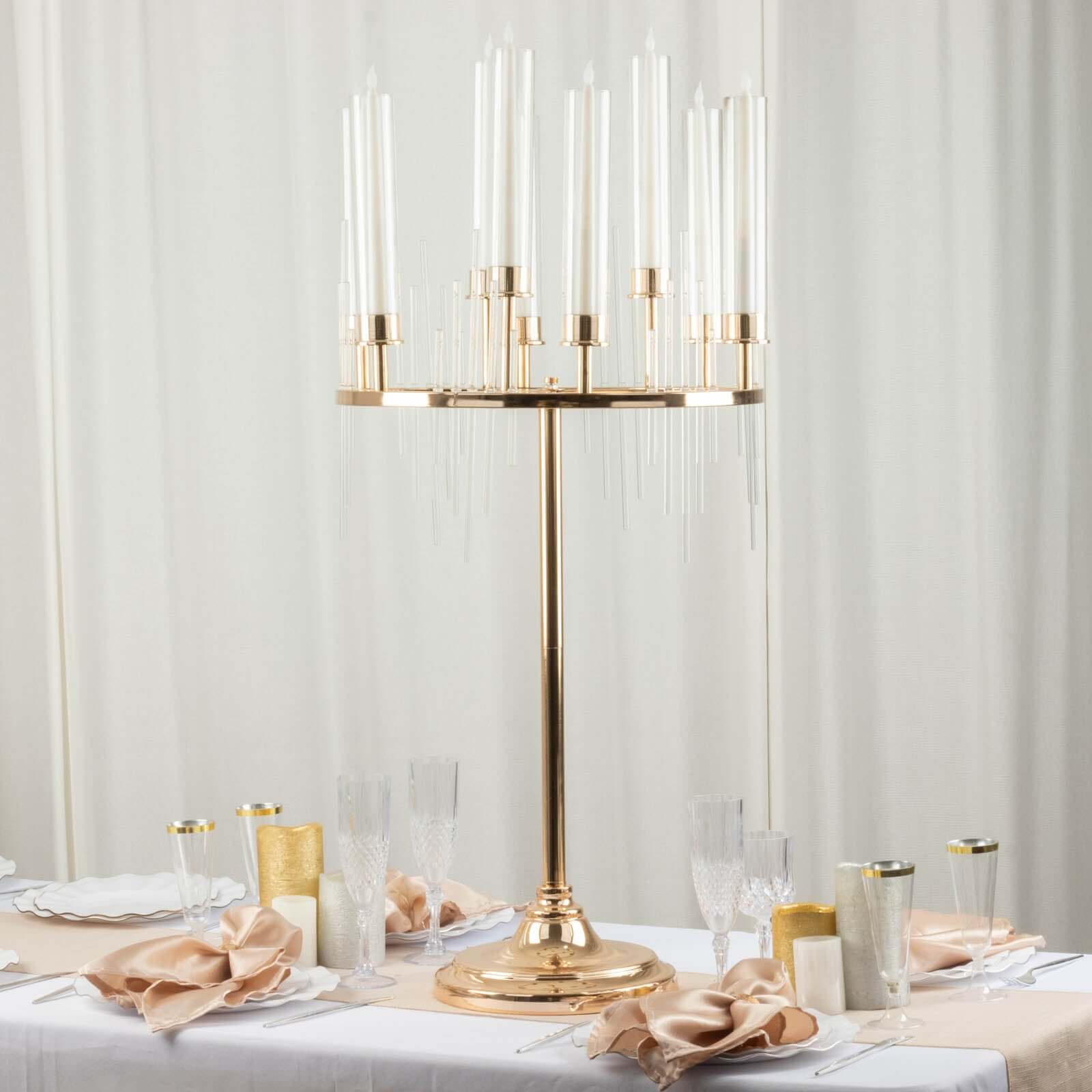 Metal 9-Arm Round Cluster Taper Candelabra Table Centerpiece Gold - Candlestick Holder Table Centerpiece With Drip Accents and Clear Glass Shades 40"