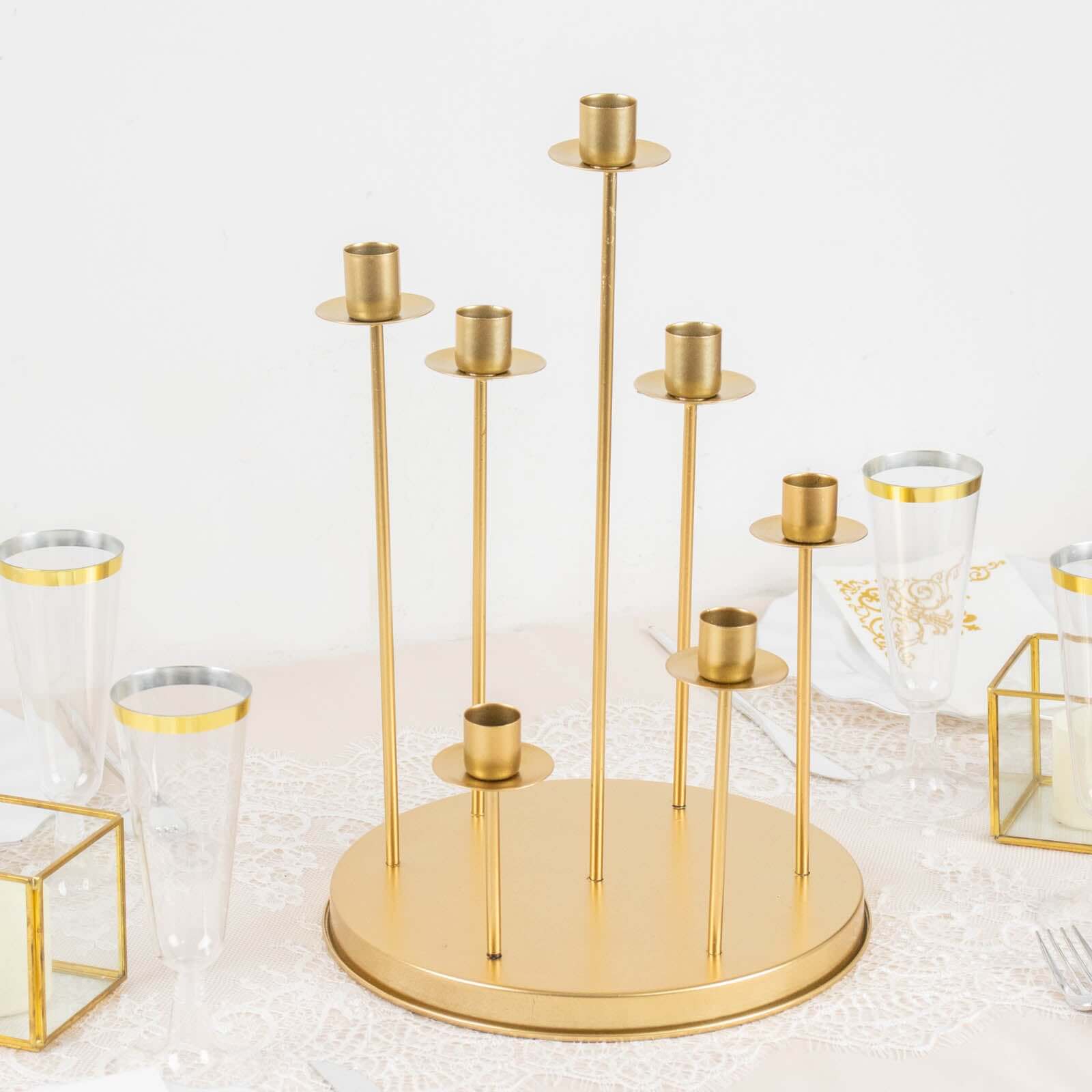 Cluster Candelabra Taper Candle Holder 7-Arm Gold Metal Wedding Centerpiece - Table Decor 15"