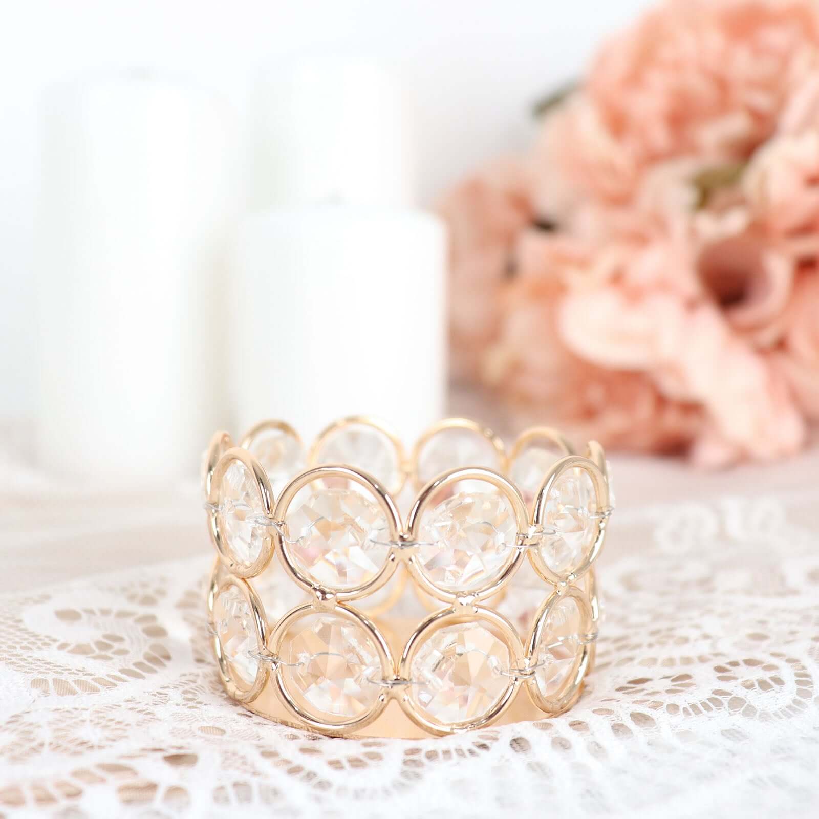 6-Pack Crystal Beaded Tea Light Candle Holders Gold Metal 1.5" - Stylish Votive Candle Stands for Weddings