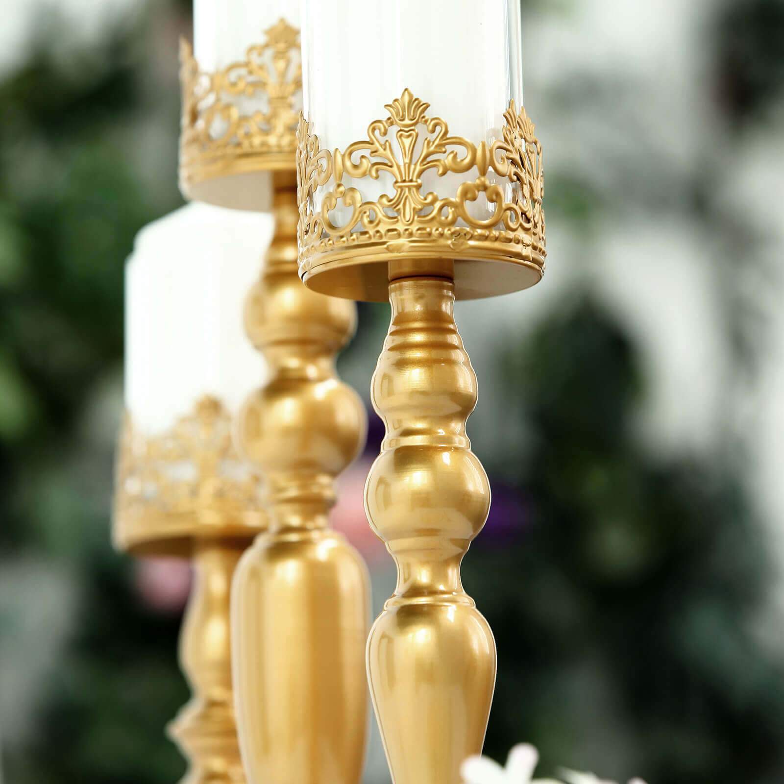 Set of 3 Lace Hurricane Candle Holders Antique Gold with Glass Shades - Chic Pillar Candle Stands 12", 14", 17"