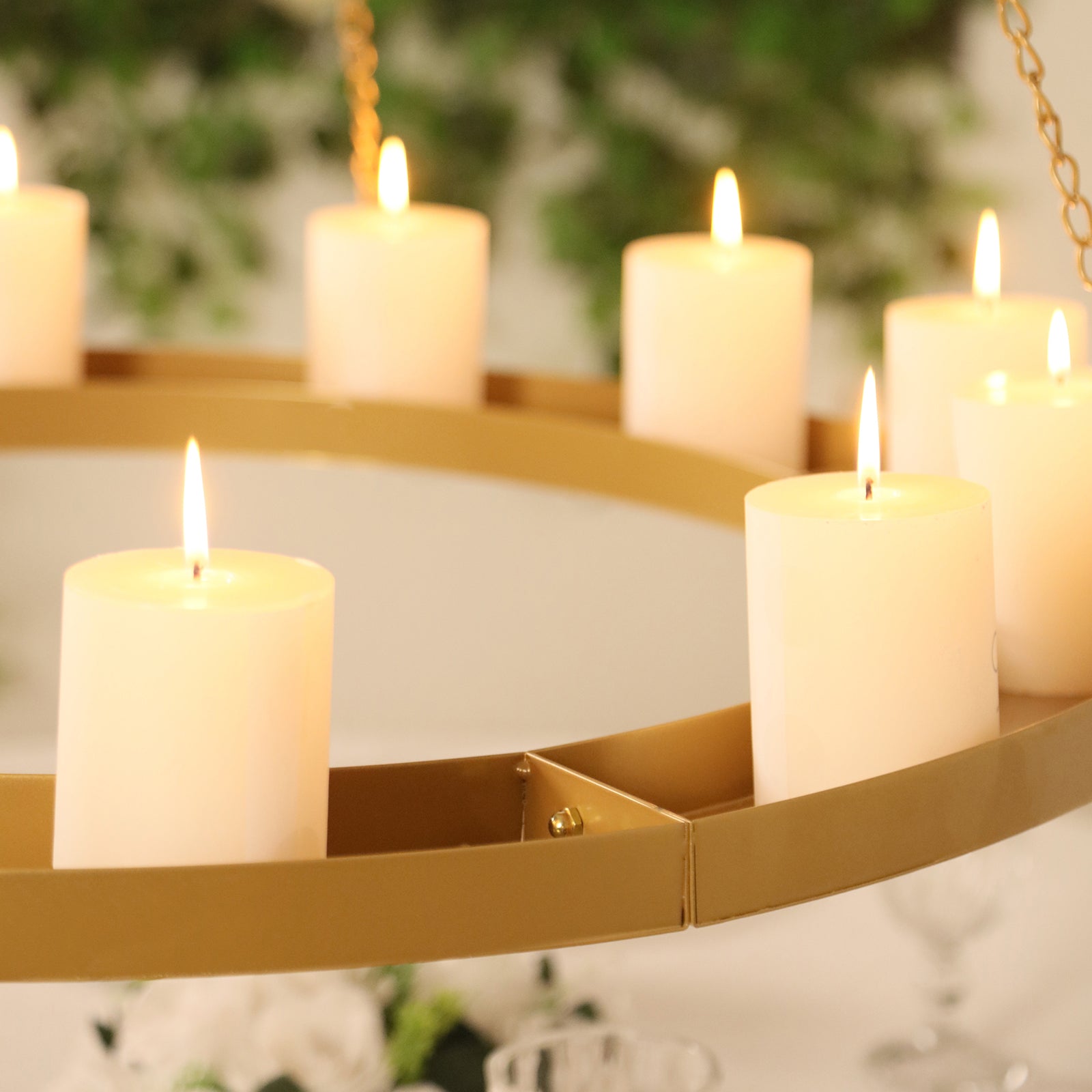 Gold Hanging Metal Floral Chandelier Frame - 32" Circular Lighting, Candle and Floral Display Base