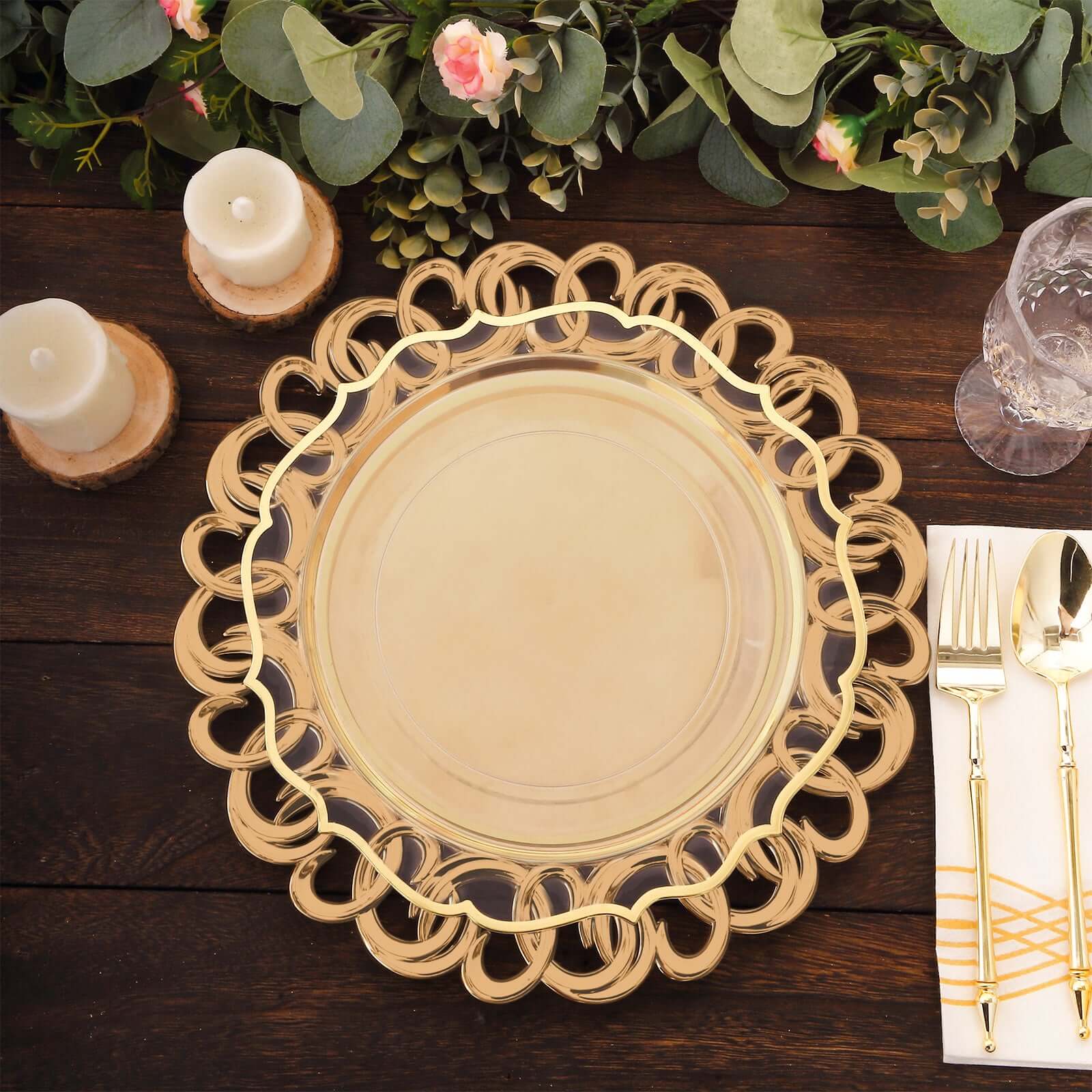 6-Pack Plastic Round Charger Plates 13" in Gold with Entwined Swirl Rim, Plastic Disposable Decorative Chargers