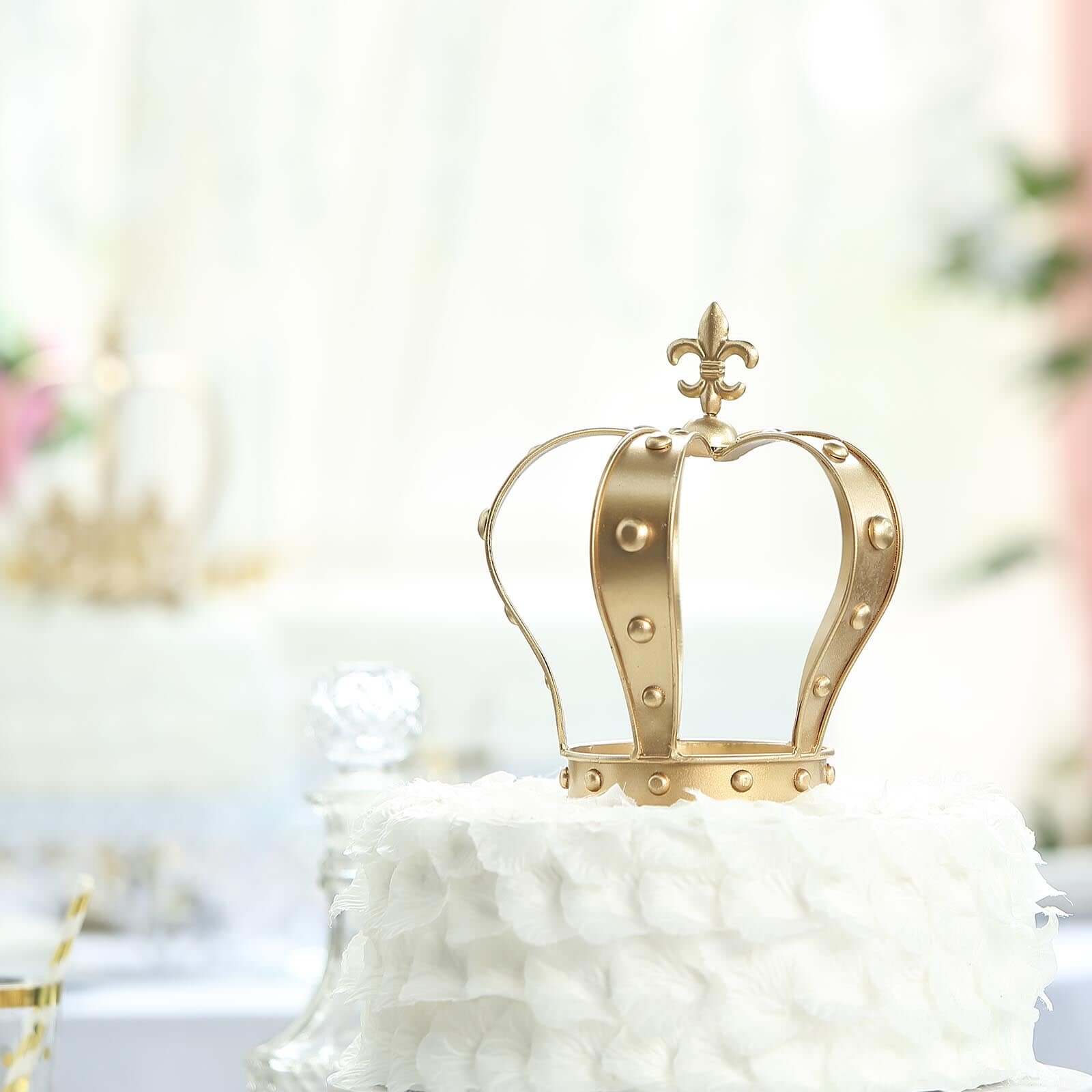 Metal Royal Crown Cake Topper 8" Gold Fleur-De-Lis Top - Refined Cake Centerpiece Decoration for Upscale & Royal-Themed Events