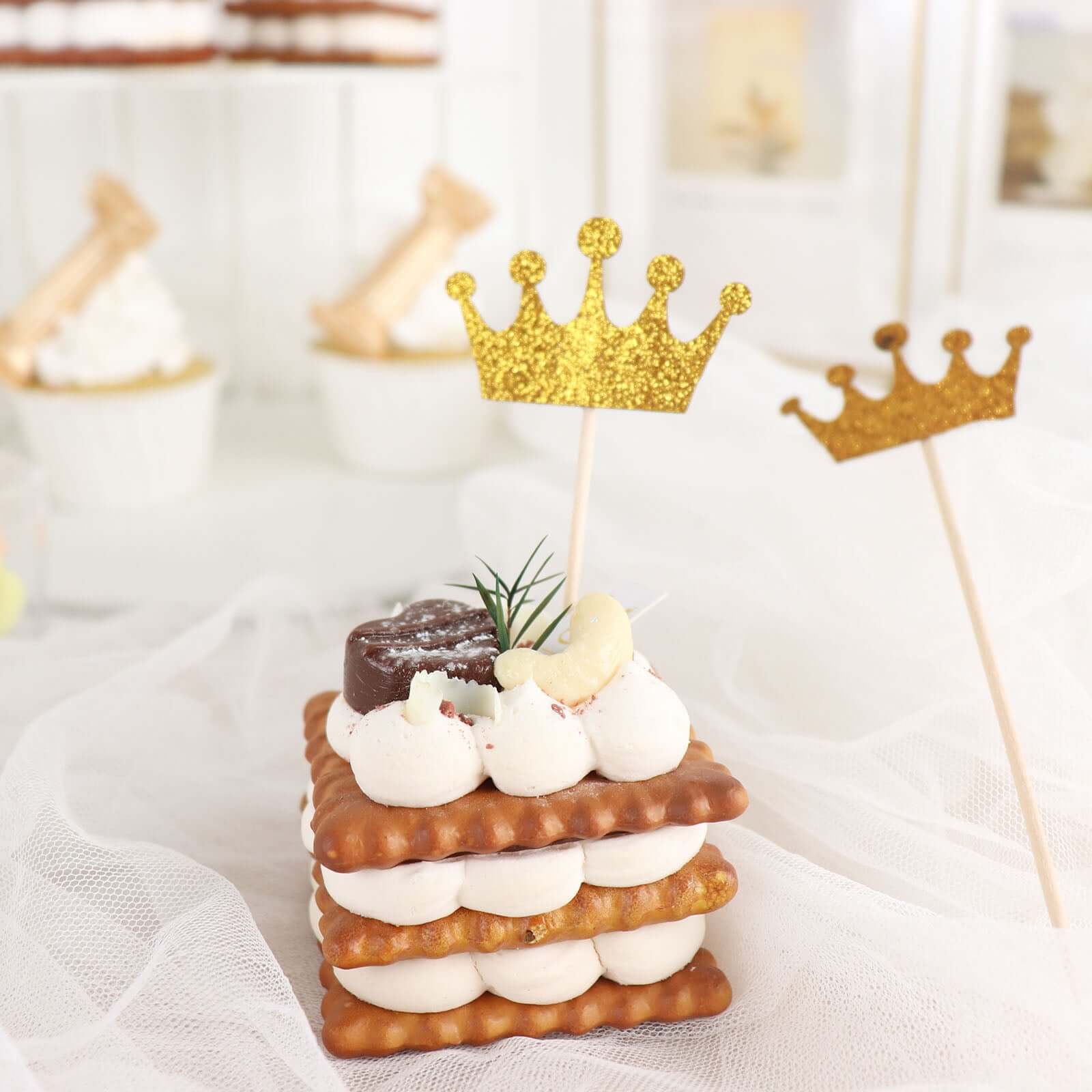 24-Pack Cupcake Topper Picks Royal Crown Design Glitter Gold - Party Cake Toppers 5"