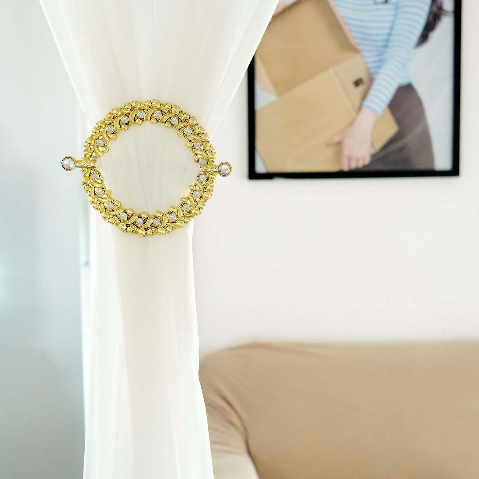 2 Pack 7" Gold Barrette Style Acrylic Crystal Curtain Tie Backs, Round Backdrop Drapery Brooch Holdbacks