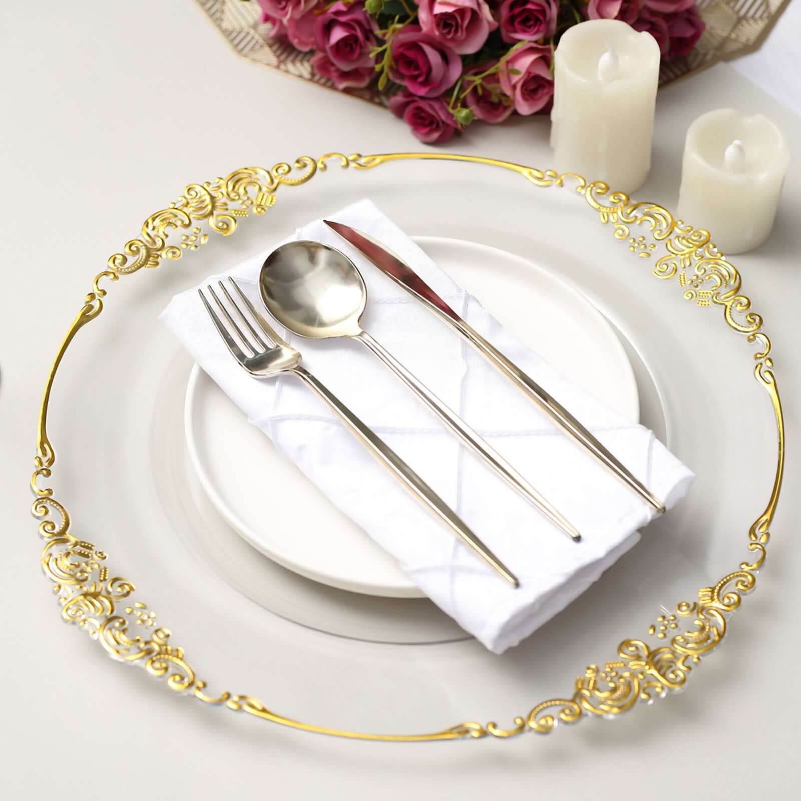 6-Pack Acrylic Round Charger Plates 13" in Clear with Gold Embossed Baroque Rim, Antique Decorative Dinner Party Charger Tableware