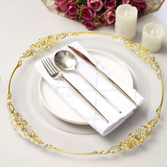 6-Pack Acrylic Round Charger Plates 13" in Clear with Gold Embossed Baroque Rim, Antique Decorative Dinner Party Charger Tableware