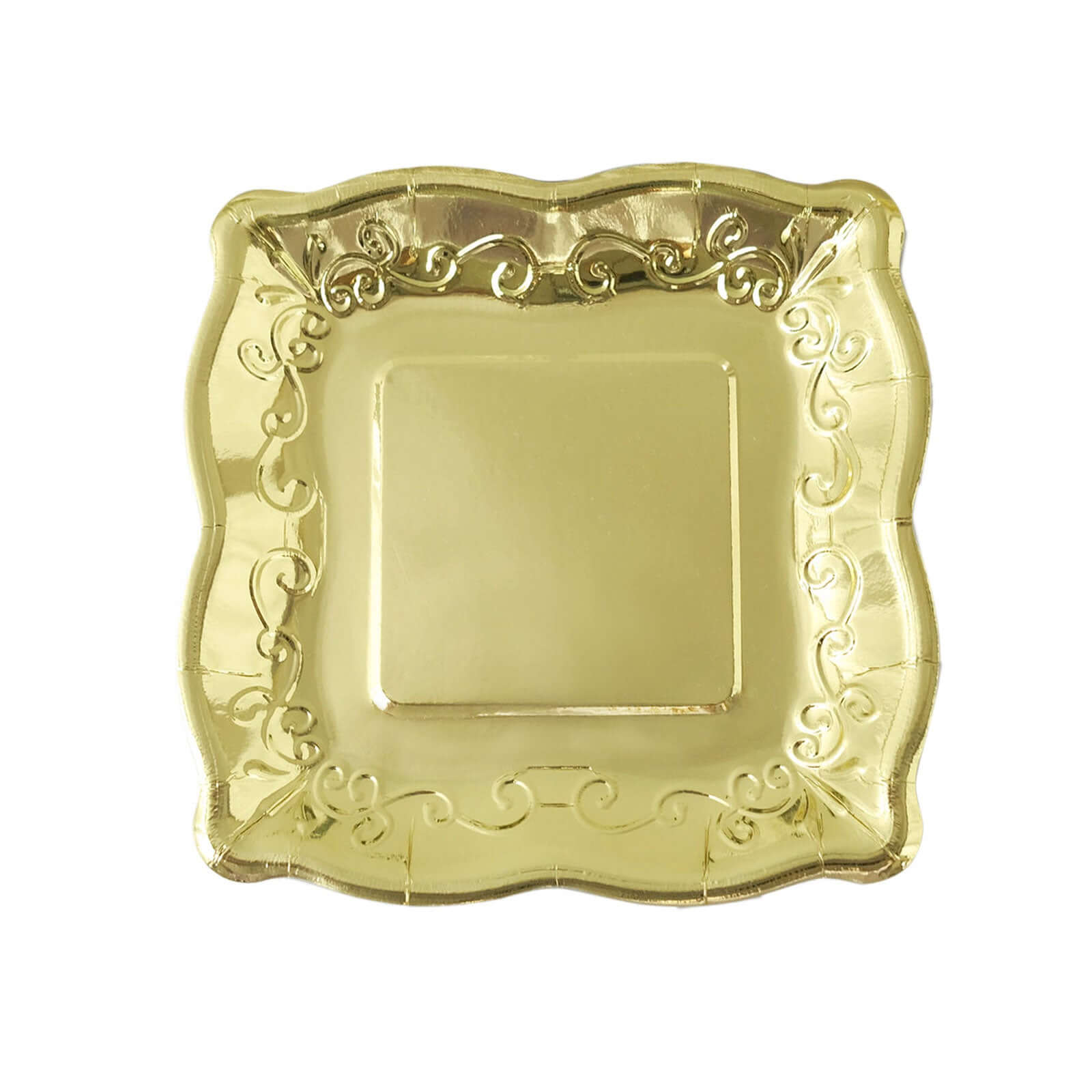 25-Pack Paper 7" Square Dessert Plates in Gold with Vintage Pottery Embossed Design - Shiny Metallic Disposable Appetizer Plates for Luxe Gatherings & Celebrations