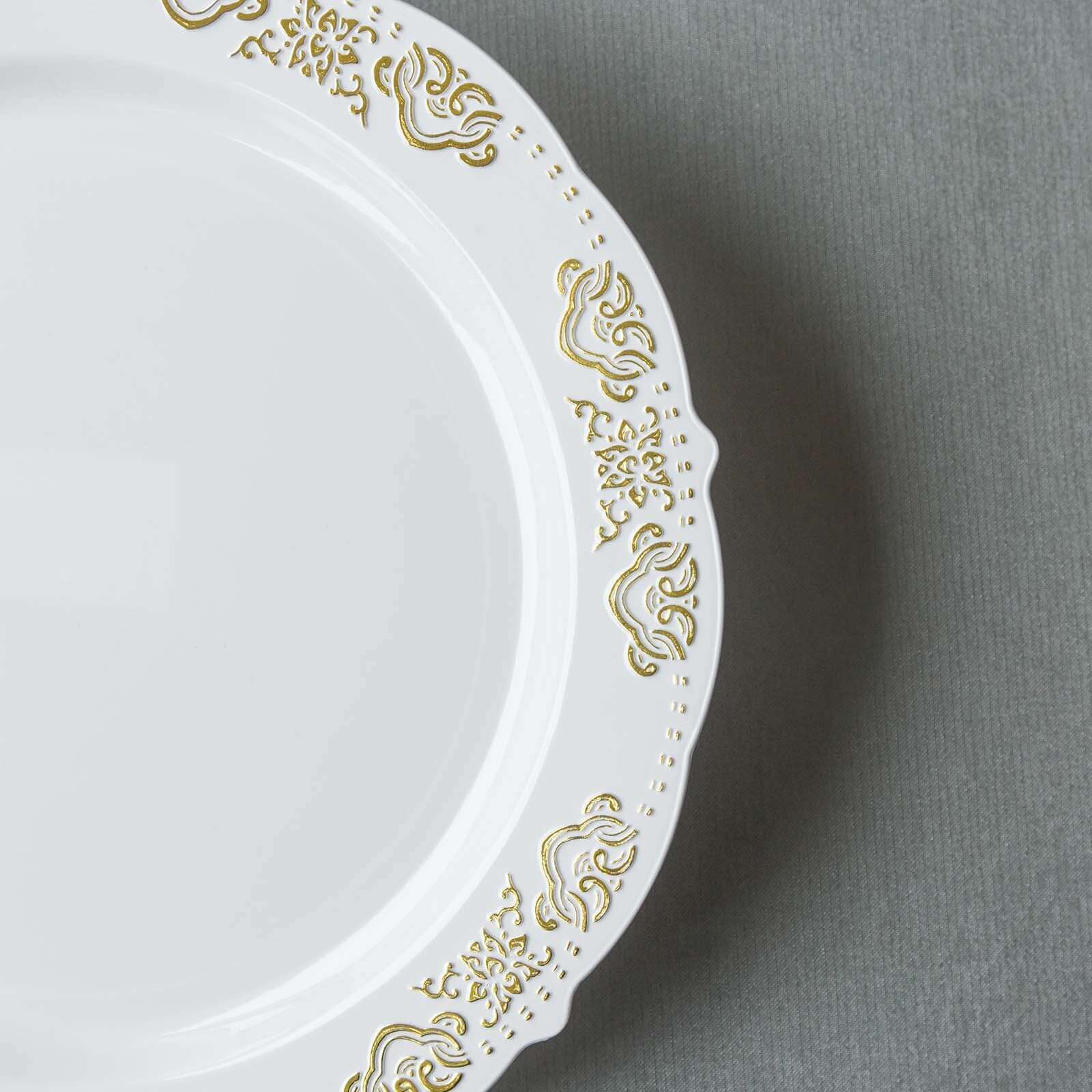 10-Pack Plastic 7.5" Round Appetizer Plates in White with Gold Embossed Scalloped Edge - Chic Disposable Salad Plates for Special Occasions & Banquets