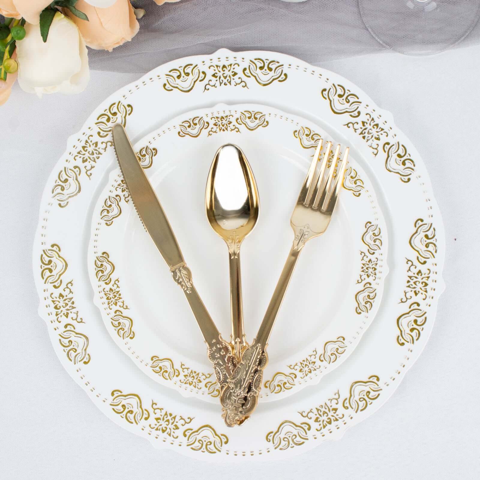 24 Pcs Plastic Silverware Set in Baroque Style Metallic Gold - Heavy Duty Disposable Knife, Fork, and Spoon Set